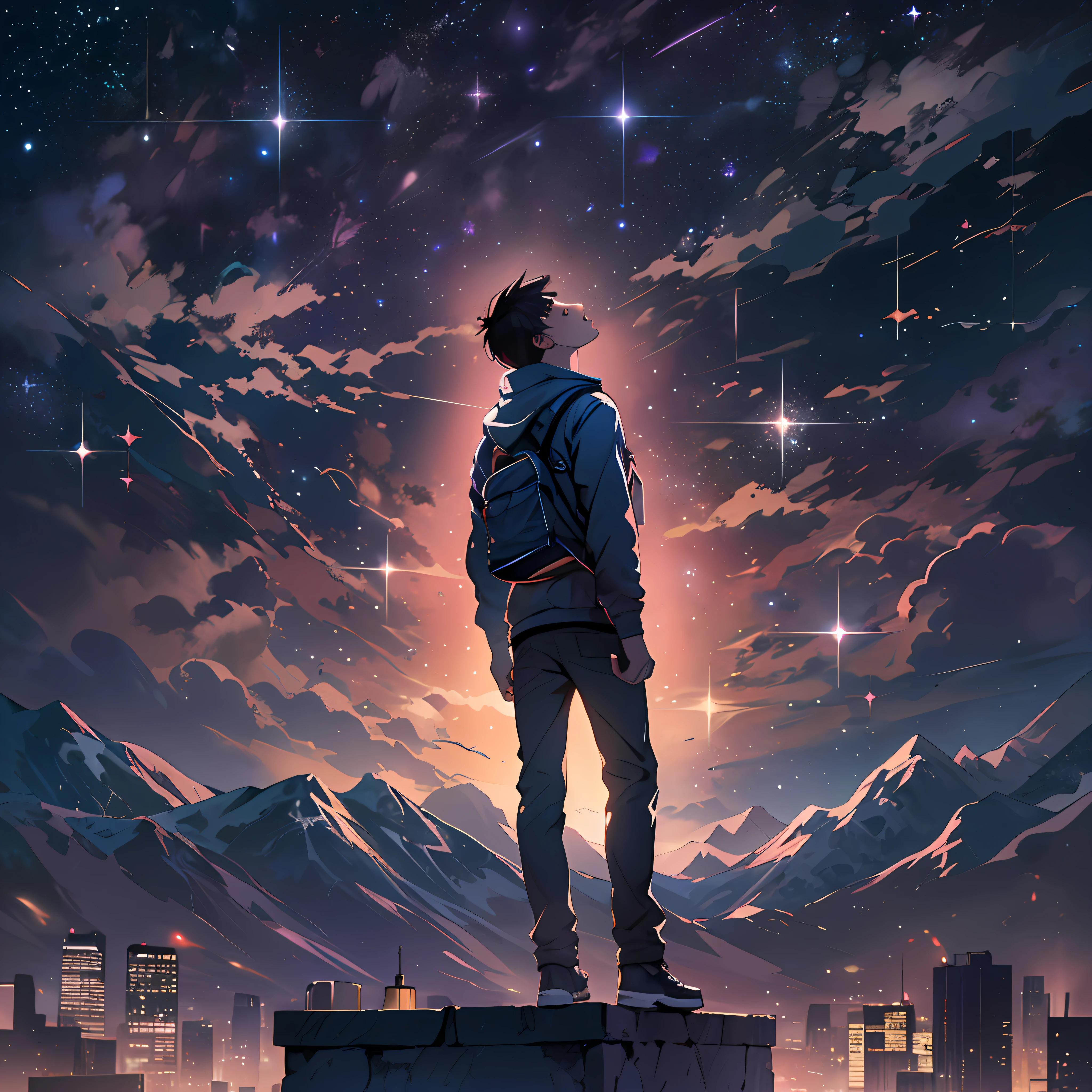 A young and talented man standing on a spacious rooftop, looking up at the twinkling stars in the night sky with a confident expression, the stars shining brightly against his silhouette, ,in the style of the stars art group xing xing, 32k, best quality, masterpiece, super detail,