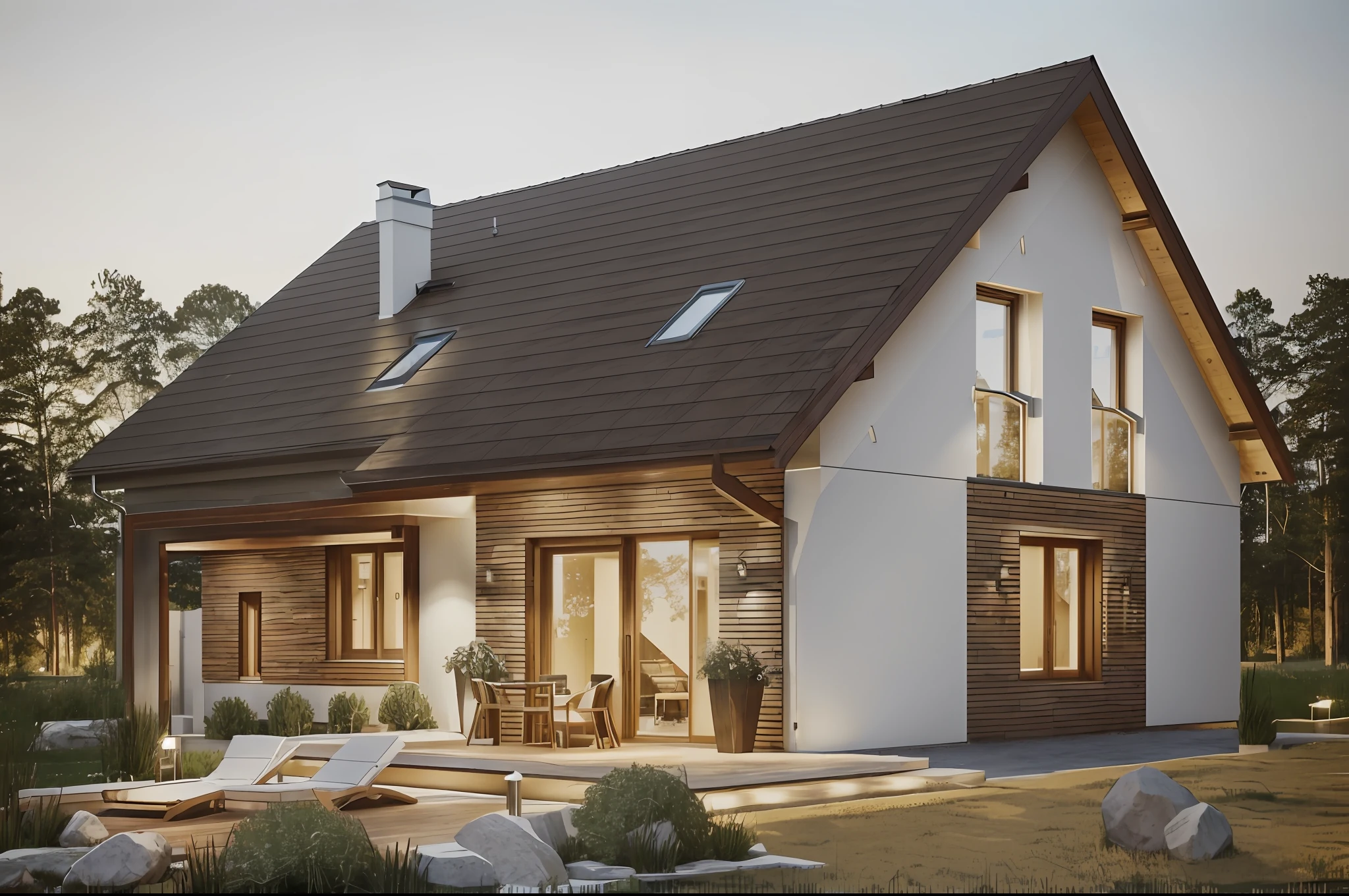 European cottage with panel roof sheet, brick wall cottage house, cottage house with pine wood decor, white wall, bright light, clear day light, (Super details), (intricate details), Master Vray, (masterpiece), (extremely intricate:1.3), ((realistic)) sharp focus,  award winning, octane render realistic, unreal engine, volumetrics rtx, modern cottage exterior render, Corona render, a rendering of a small house with a patio and a covered porch, high quality rendering, quality rendering, passive house, bright render, contemporary house, crisp smooth clean lines, beautiful rendering, architectural rendering, exterior design, high-quality render, clean render, complete house, simple gable roofs, beautiful render, concept house, house and home, pristine and clean design