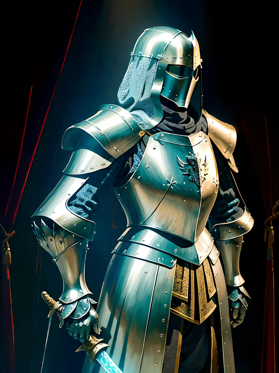 cavalier，medieval times，Silver armor，Pattern，A lot of detail，High quality，Long sword，Vintage，photorealestic，male people，colours，the detail，Textured，Extremely realistic，Excellent shadows，tmasterpiece，shelmet，Armour，Cloak,3D Screen，EXTREMELY CLEAR，Three-dimensional，Beautiful graphics