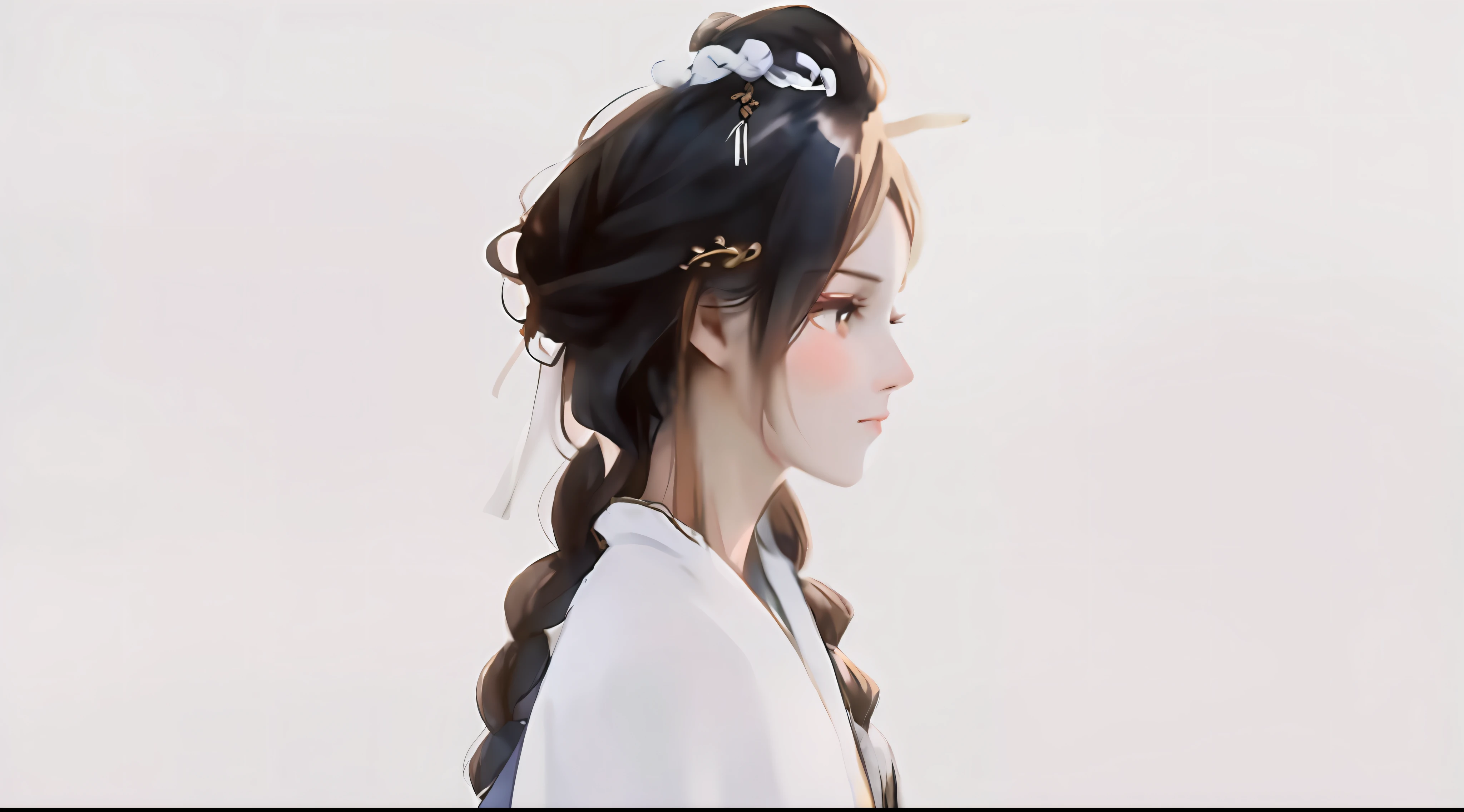 A woman with long braided hair and a white shirt,In the royal palace,A girl in Hanfu,Hanfu,White Hanfu,traditional female hairstyles,Wearing ancient Chinese clothes,braid hairstyle。