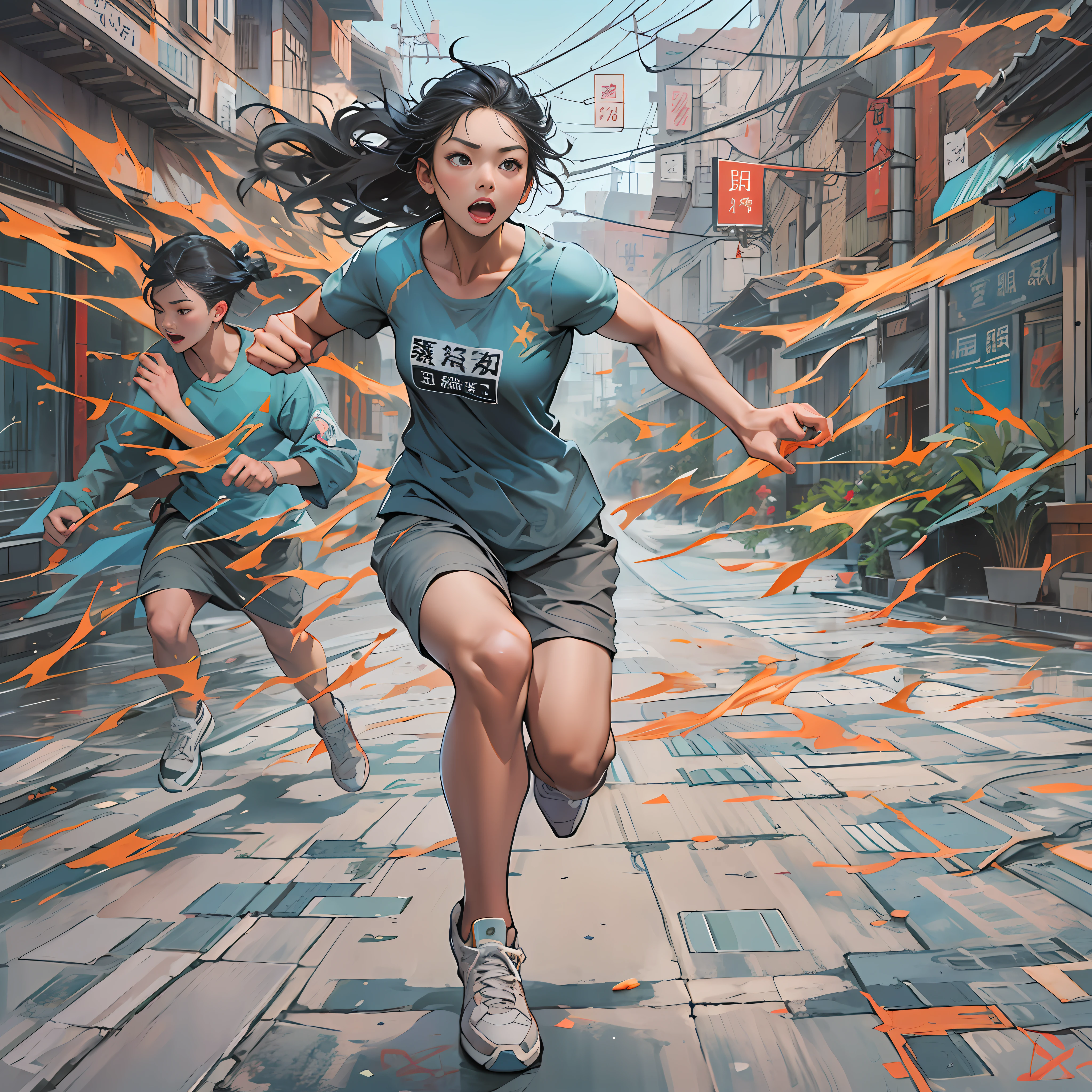 A young Chinese girl running through the streets, james bullough, dynamic and expressive animations, 1st version, candid moments captured, social commentary artist, heroic ,in the style of the stars art group xing xing, 32k, best quality, masterpiece, super detail, high details