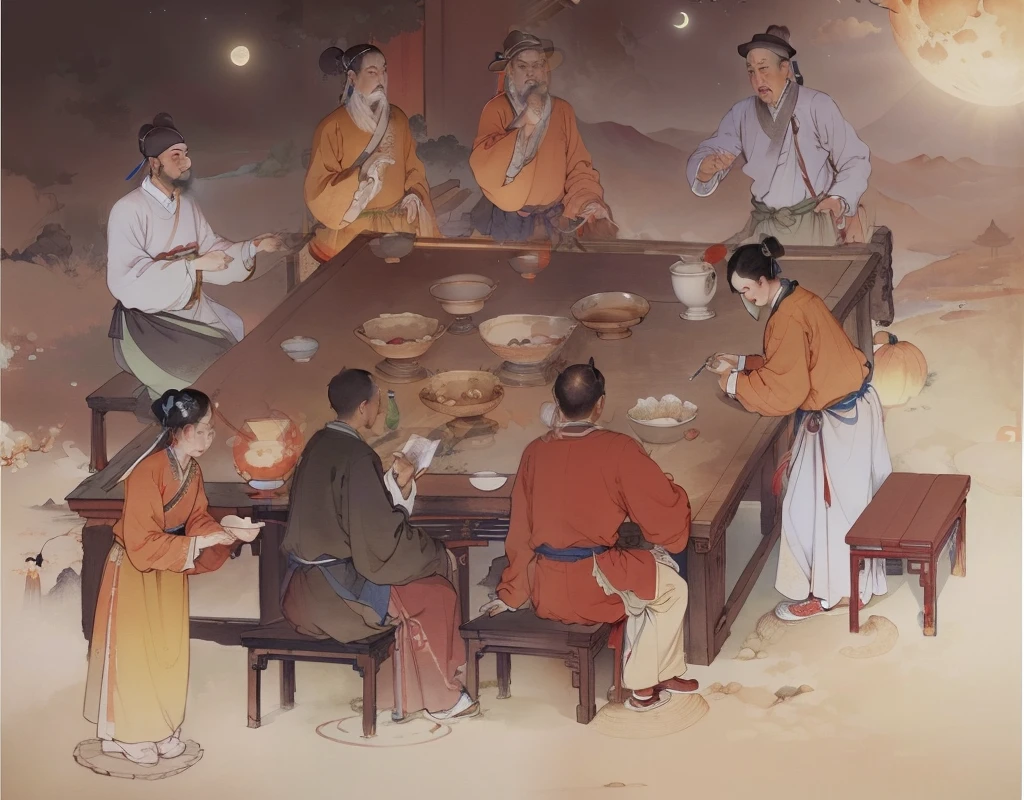 Ancient Chinese landscapes，Ancient buildings，Pavilions，Carved beams and paintings，enchanting scenery，Night，Moon light，Layered, Rich light and shadow,Mid-Autumn Festival, Ink painting style，clean color，Low-saturation colors，Colors of low brightness，Decisive cut，Leave white space，impressionistic，tmasterpiece，ultra - detailed，Epic composition,  HighestQuali，hyper realisitc，Art germ --v 6