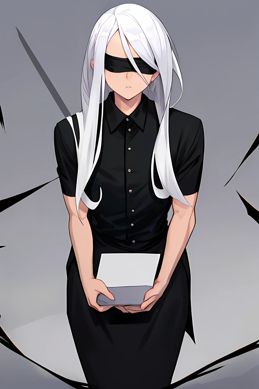 platinum hair and a black blindfold wrapped around his eyes, black shirt, look at the viewer, a male