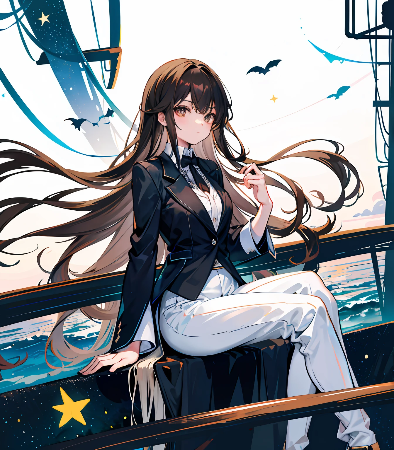 Handsome girl，long whitr hair，cartola preta，black toga，Brown vest，White color blouse，Black pantsuit，nigth，A sky full of stars，meteors，sea surface，Sit on the railing，Blue light，brown  hair