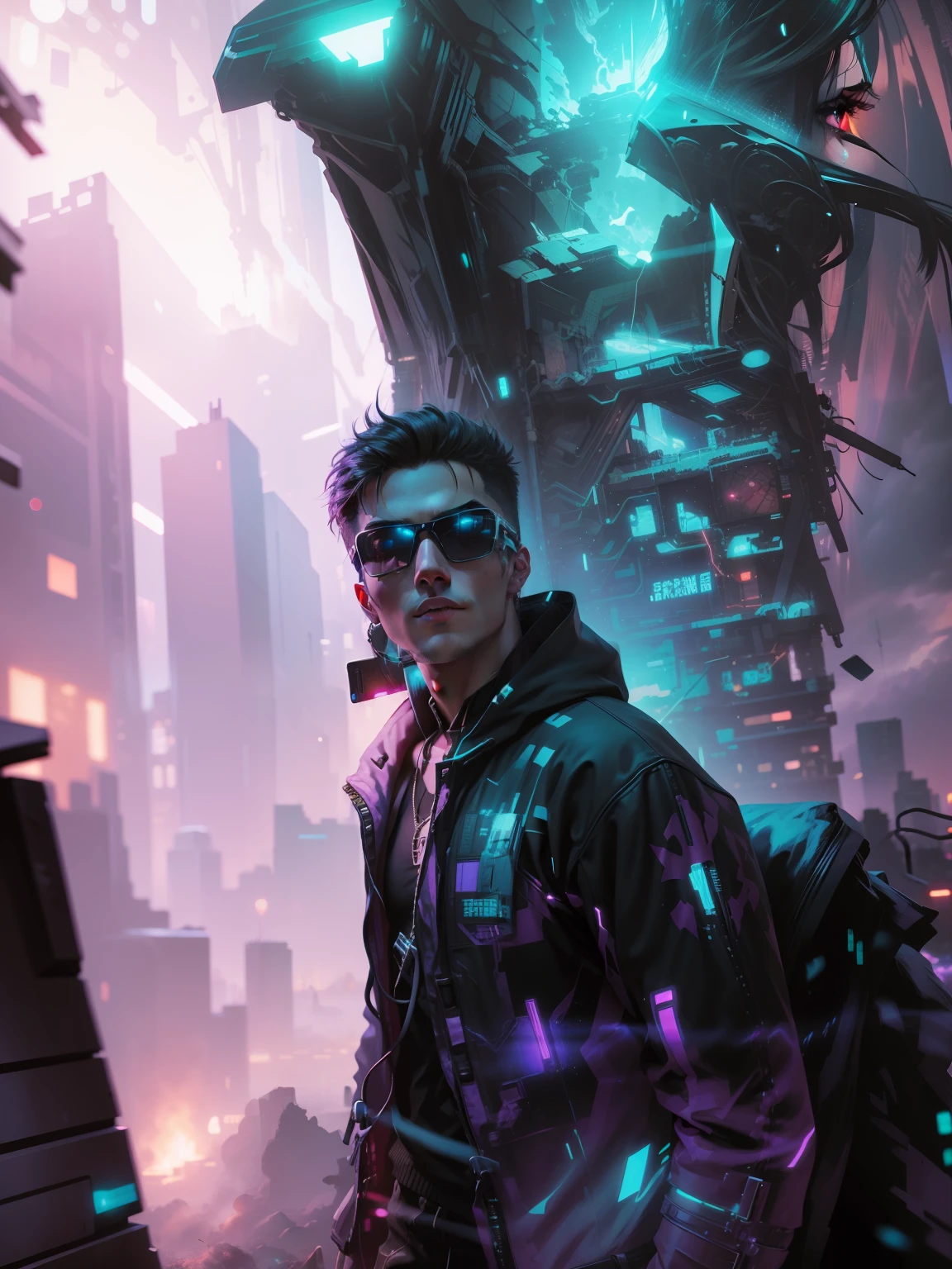 Change the background to a cyberpunk setting with a handsome boy and a realistic face in ultra-realistic 8k quality.