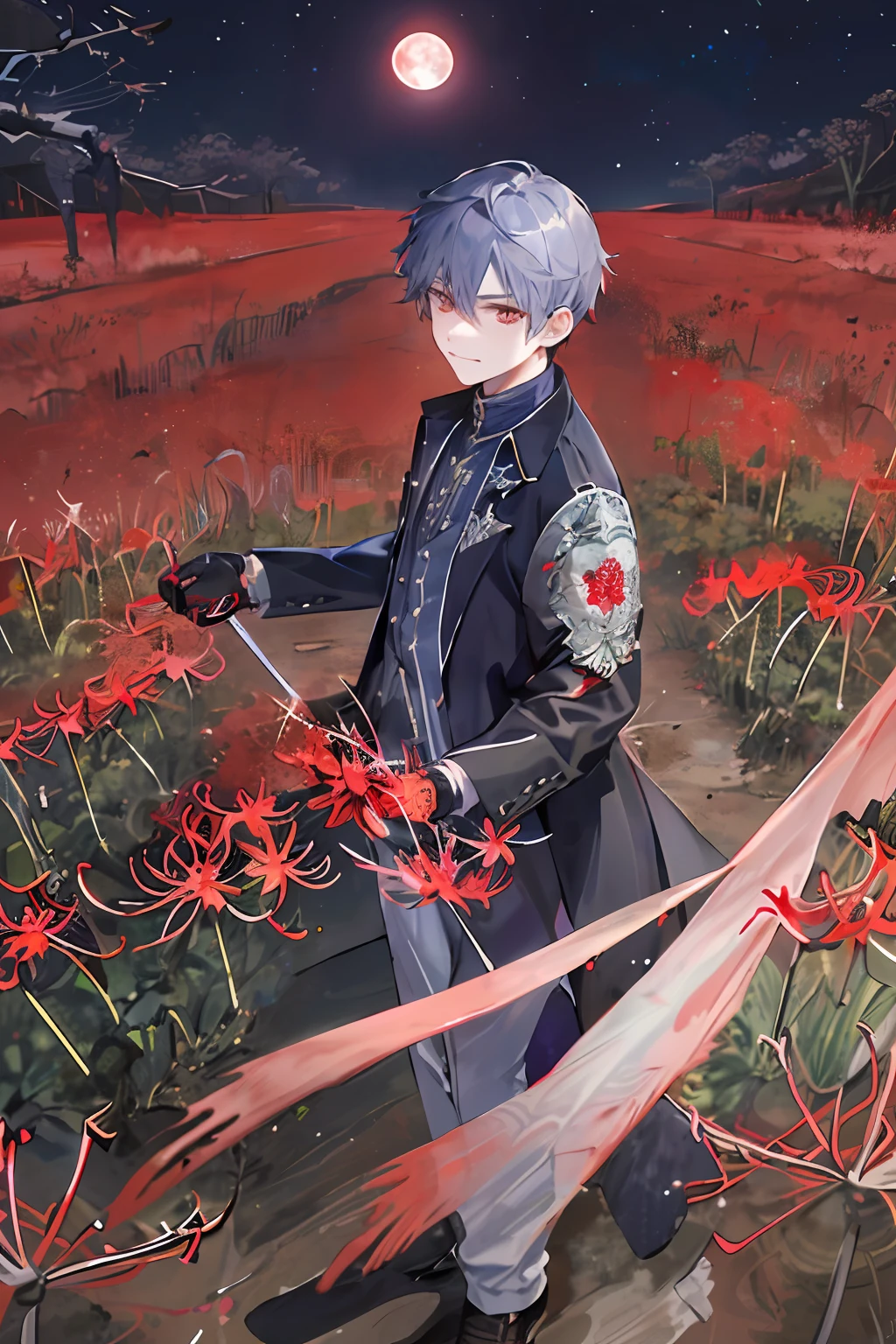 On the wilderness，Black trench coat on the back，Holding a silver-white long knife，A huge blood moon behind it，The character is located in the lower left corner