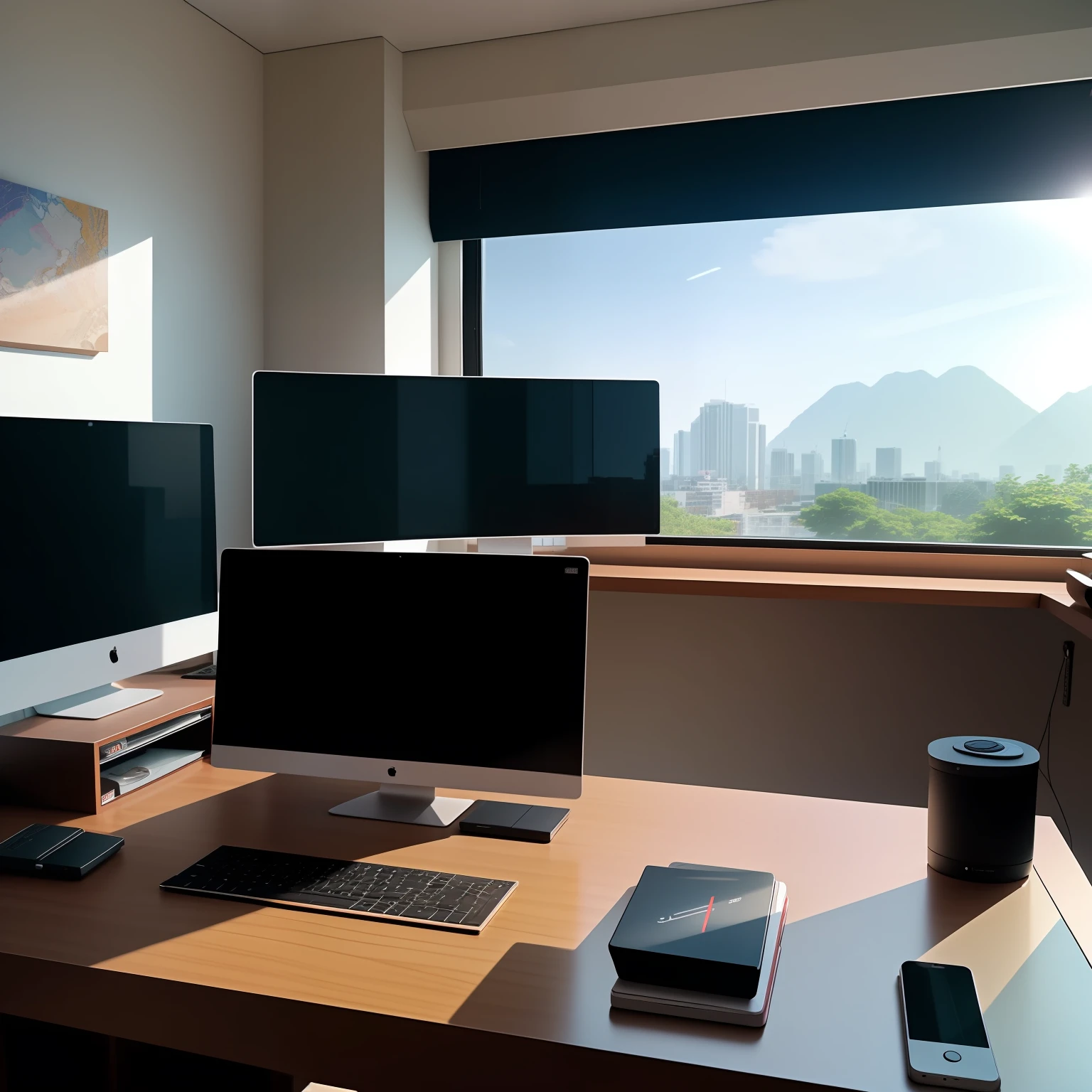 90-degree viewing angle,Luxurious work desk,nerds,Computer,Gentle lighting,Outside the window,Listen to music,Kizi,Back Shadow,Leica lens,photorealestic