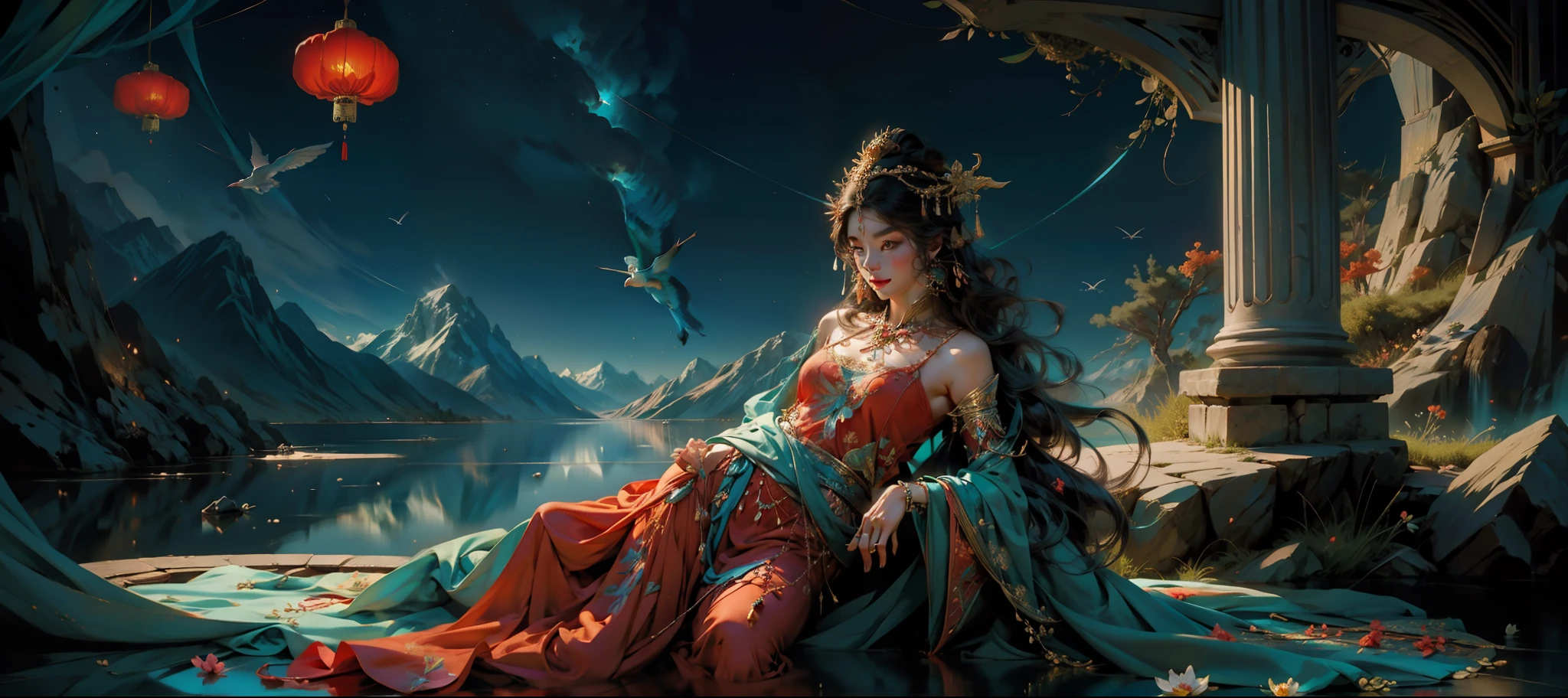 offcial art,Chinese goddess,Lie on your side between the magnificent mountains and rivers,Dressed in gorgeous fairy clothes,(Countless villains in front of him:1.3),Overlooking the mountains and mountains,The lake is turquoise。Birds sing,Flowers bloom,(Extremely detailed:1.4),tmasterpiece,super-fine,best qualtiy,8K分辨率,