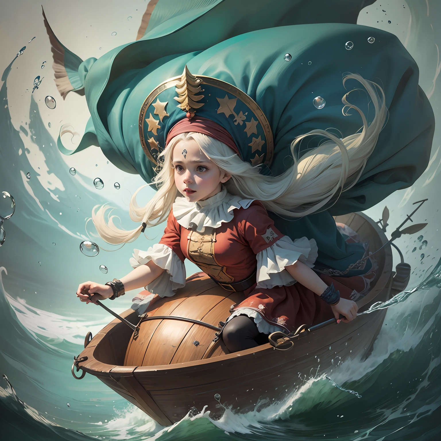 Arabian tale from the 1400s, Merry moving fish. On the head is a hat-cylinder. In a clown costume. Riding under water on a children's tricycle. Juggles with air bubbles. Full length closeup portrait in Disney Pixar style, super realistic, cinematic, lots of details, dark blur fantasy background --auto --s2