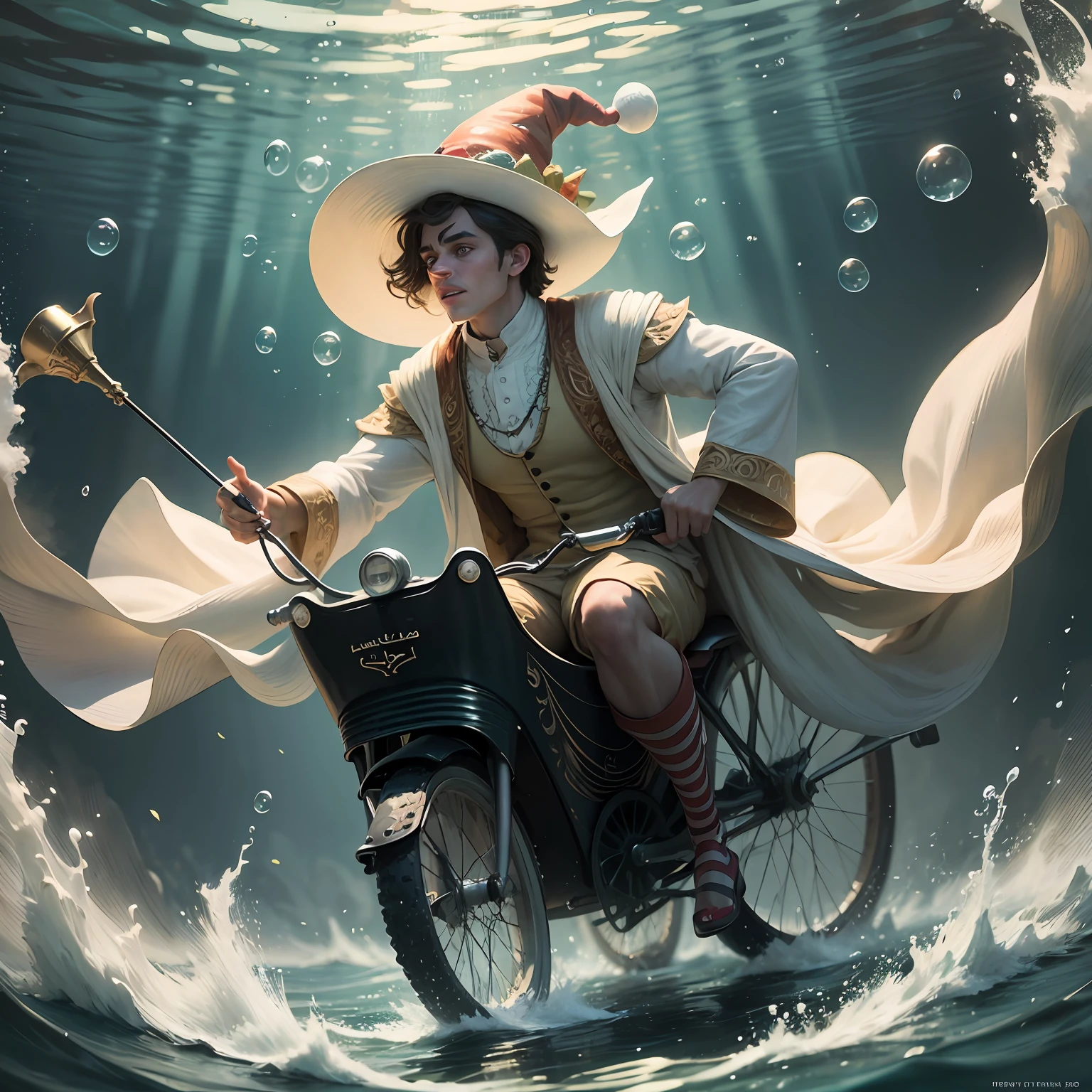 Arabian tale from the 1400s, Merry moving fish. On the head is a hat-cylinder. In a clown costume. Riding under water on a children's tricycle. Juggles with air bubbles. Full length closeup portrait in Disney Pixar style, super realistic, cinematic, lots of details, dark blur fantasy background --auto --s2