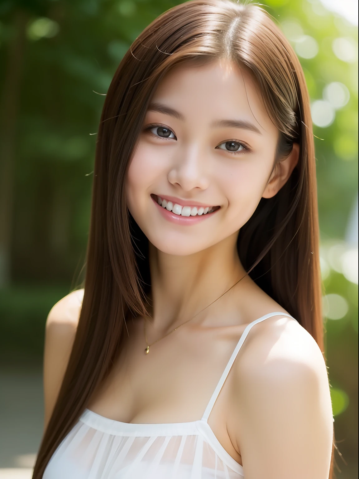 a beauty girl, head shot、15yo student、Sheer white camisole、veranda、a smile