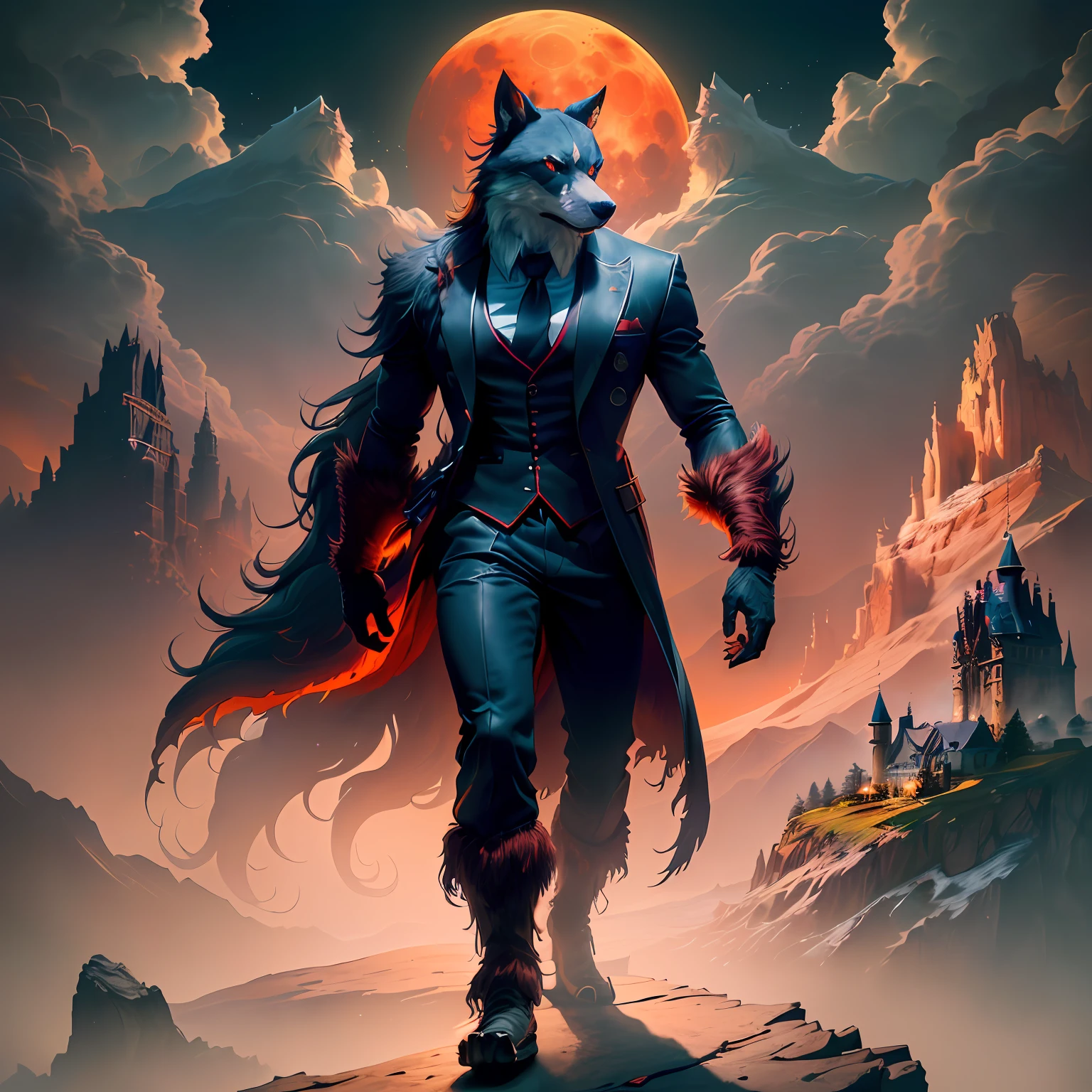 On the wilderness，Black trench coat on the back，Holding a silver-white long knife，A huge blood moon behind it，The character is located in the lower left corner