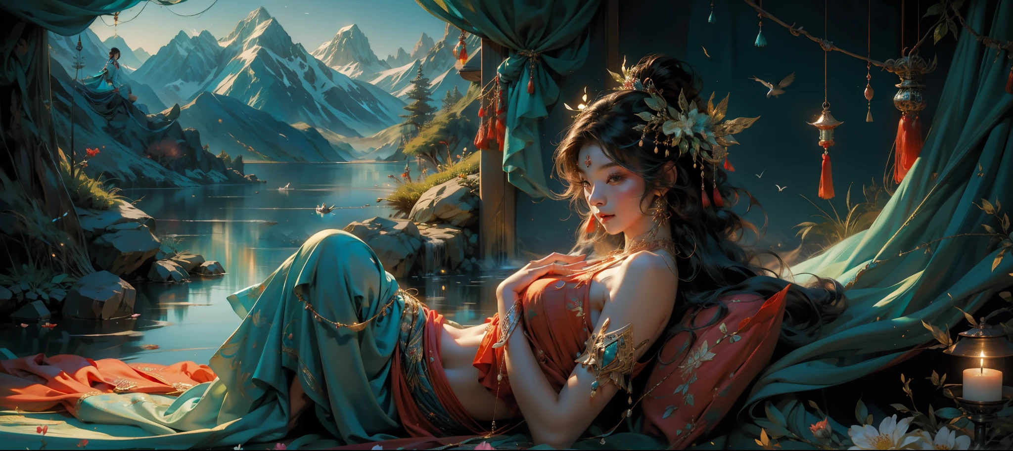 offcial art，Chinese goddess，Lie on your side between the magnificent mountains and rivers，Dressed in gorgeous fairy clothes，（Countless villains in front of him：1.3），Overlooking the mountains and mountains，The lake is turquoise。Birds sing，Flowers bloom，（Extremely detailed：1.4），tmasterpiece，super-fine，best qualtiy，8K分辨率，