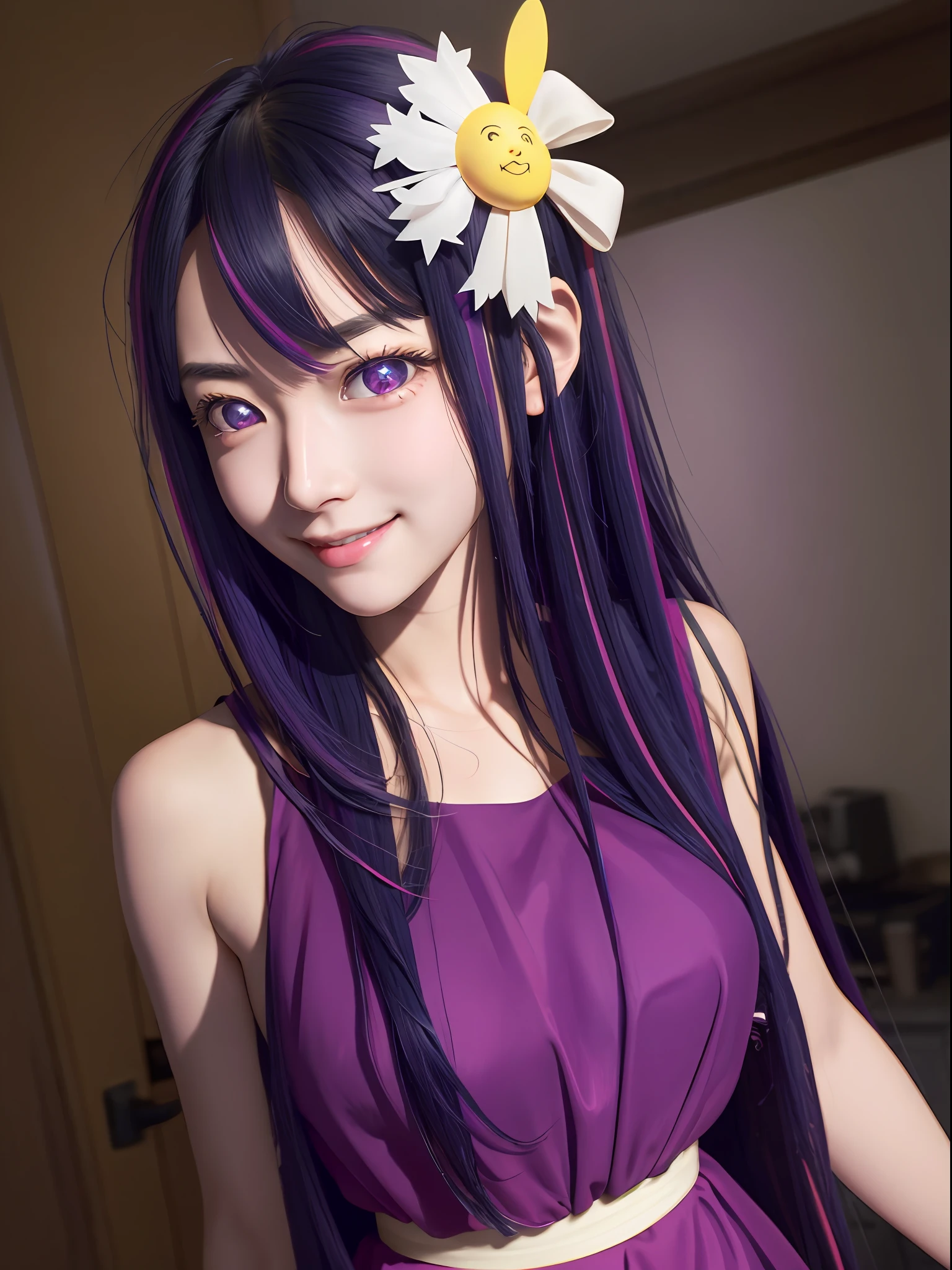 hoshino Ai, long hair, purple hair, streaked hair ,purple eyes, star-shaped pupils, hair ornament,  star-shaped pupils, pink beautifull dress, full body, legs focus, from outside, (1 girl), (masterpiece, best quality:1.4),  1girl, solo, sfw, stunning girlfriend, (standing:1.1), highly detailed skin, skin pores, subsurface scattering, medium breast, loving smile, looking at viewer, full lips, detailed background, volumetric lighting, sharp focus, absurdres, realistic proportions, good anatomy, (realistic, hyperrealistic:1.4), 16k hdr,