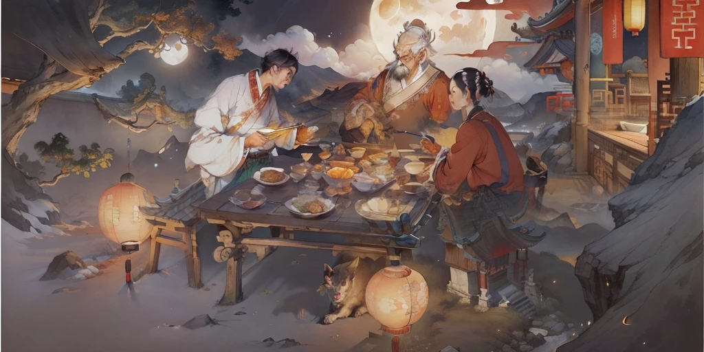 Ancient Chinese landscapes,Ancient buildings,Pavilions,Carved beams and paintings,enchanting scenery,Night,Moon light,Layered, Rich light and shadow,Mid-Autumn Festival, Ink painting style,clean color,Low-saturation colors,Colors of low brightness,Decisive cut,Leave white space,impressionistic,tmasterpiece,ultra - detailed,Epic composition, HighestQuali,hyper realisitc,Art germ --v 6