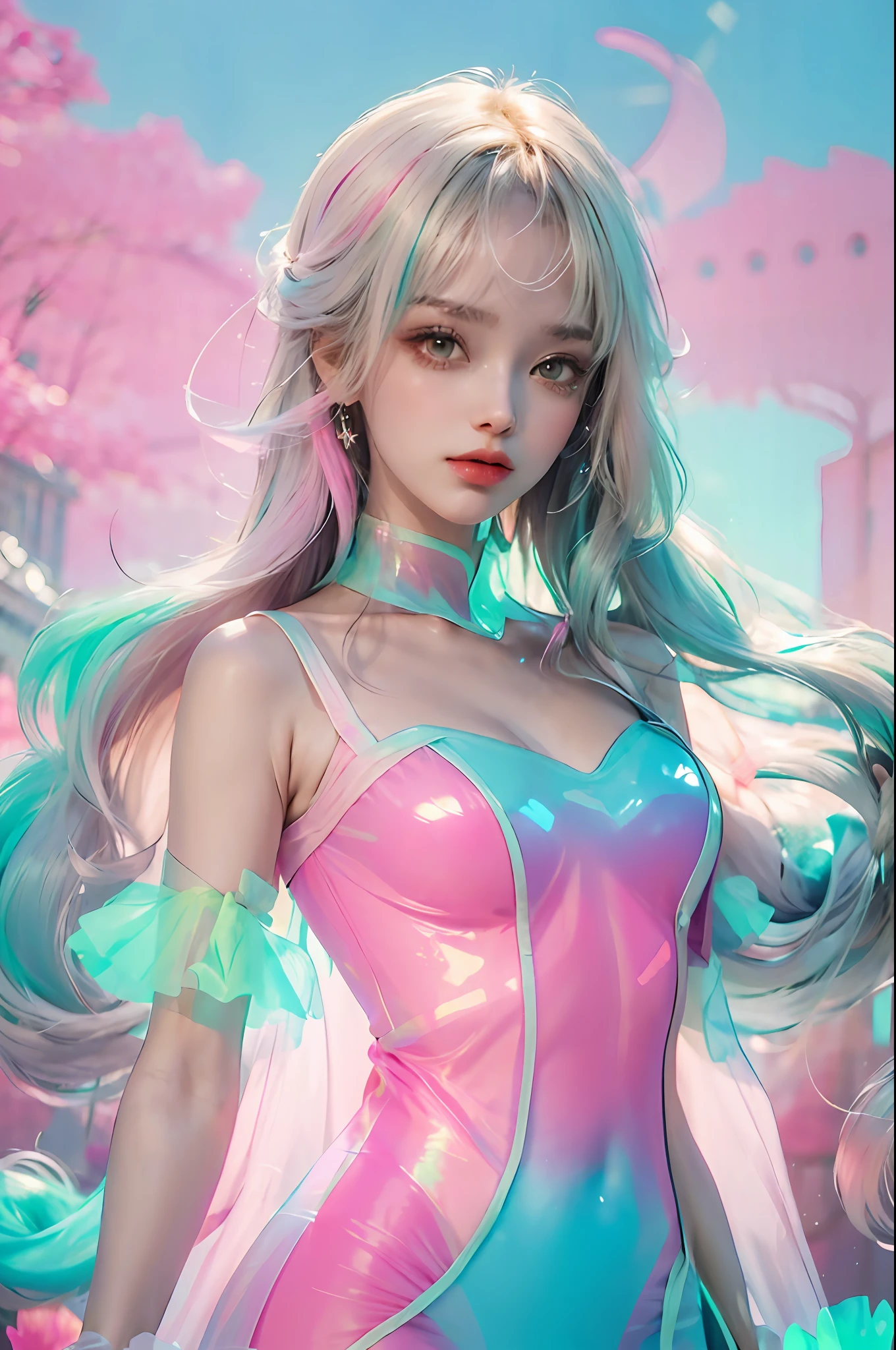 (fluorescent colors:1.4),(translucent:1.4),(retro filters:1.4), (fantasy:1.4), candy world Disney land ethereal soft fluffy soft landscape forest snowavatar Pastel pink sky green blue sparkle ethereal light pastel whimsical light rainbow stars diamonds sparkle gemstone background hyper realistic Ultra quality cinematic lighting immense detail Full hd painting Well lit,diagonal bangs, 
ball gown dress,rabbit pose
masterpiece, best quality,realskin,(portrait:1.5), 1girl, blunt bangs, long hair