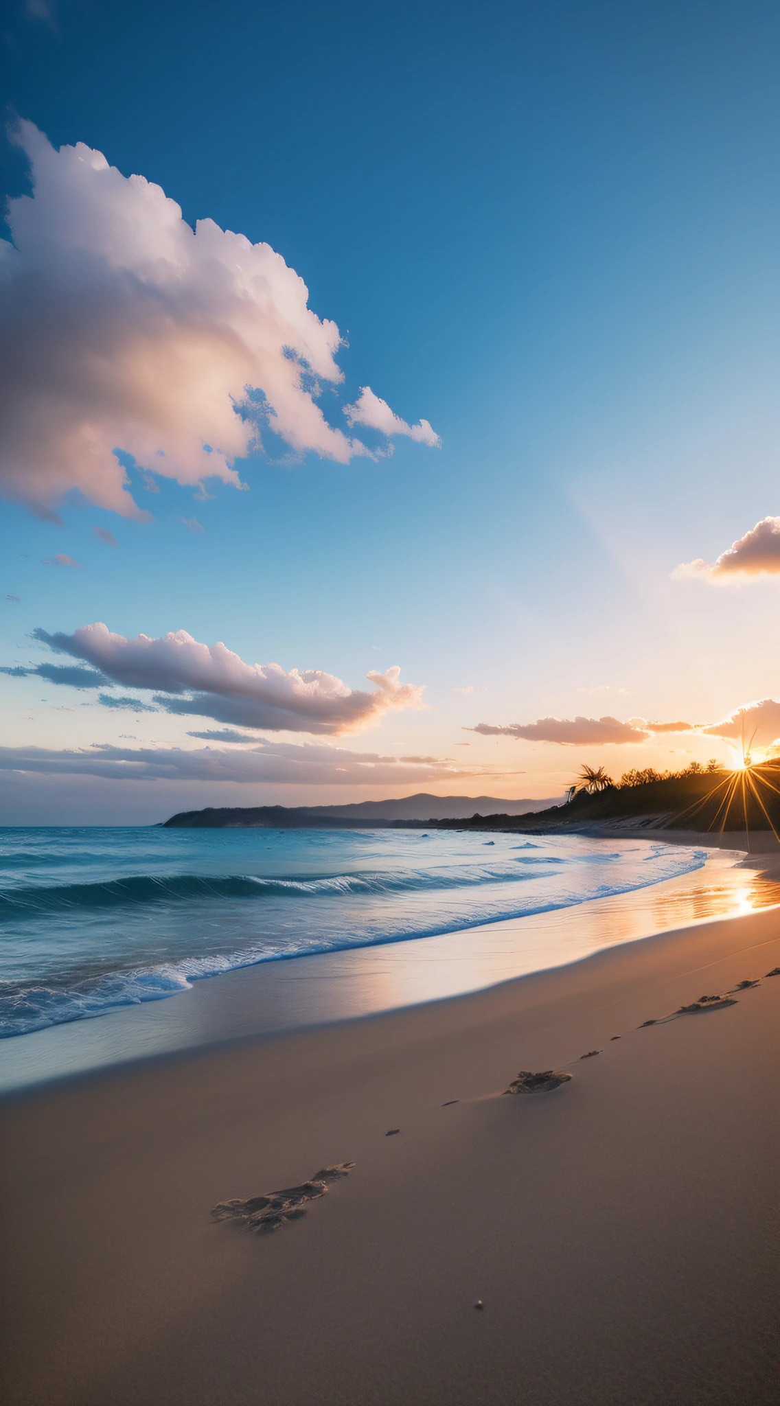 Heart-shaped white clouds,evening light,beachside,sandbeach,Miscellaneous details,Volumetric lighting BREAK(tmasterpiece:1.2), (Best picture quality), 4K, Ultra-delicate, (dynamic compositions: 1.4), Rich in detail and color, (Irridescent color: 1.2), (with light glowing, Atmospheric lighting)