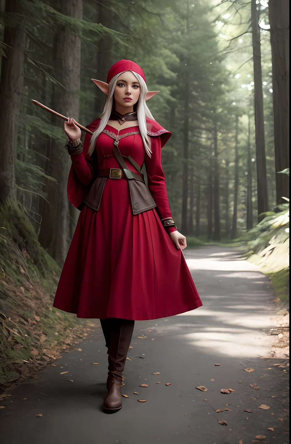 On the road stood a woman dressed in red。。，（（Take the staff））（ portrait of an elf,） fantasy character photo,Portrait of a slim elven woman, Portrait of Lynn, （（（Young and beautiful）））, character photography, portrait of an elf, portrait of a forest mage, inspired by the senior character artist, A female elf, The wood elves, matte painting portrait shot