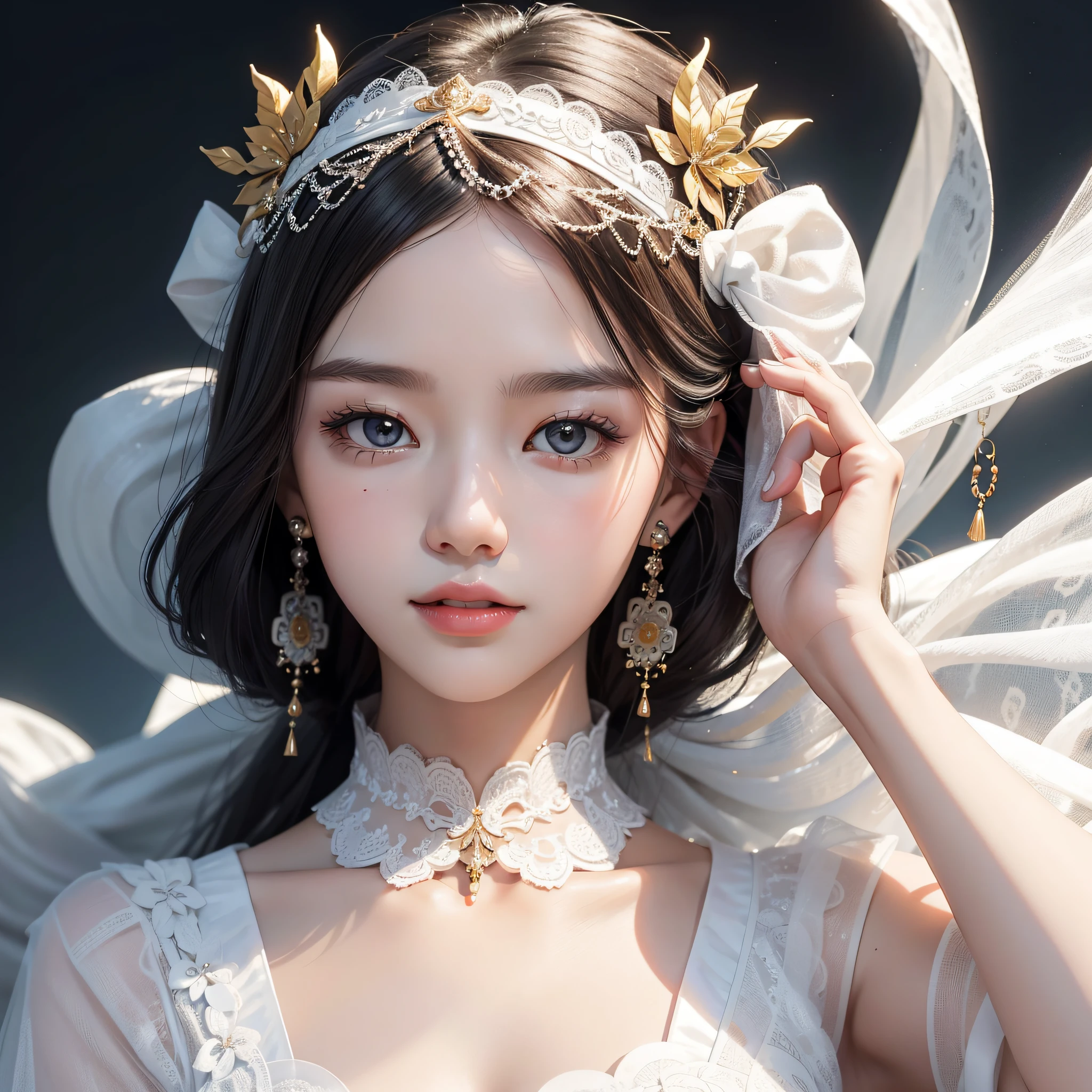 A pretty girl,closeup of face, princess,Highest image quality,Beautiful graphics,largeeyes,long eyelasher,Black ball head,White cheongsam,Black earrings,White garland,Perfect facial features,Clear face,Delicate lips,ssmile,Clean and beautiful background,Gentle light,simplification,The character is centered。 --AR 1:1 --q 5 --niji 5