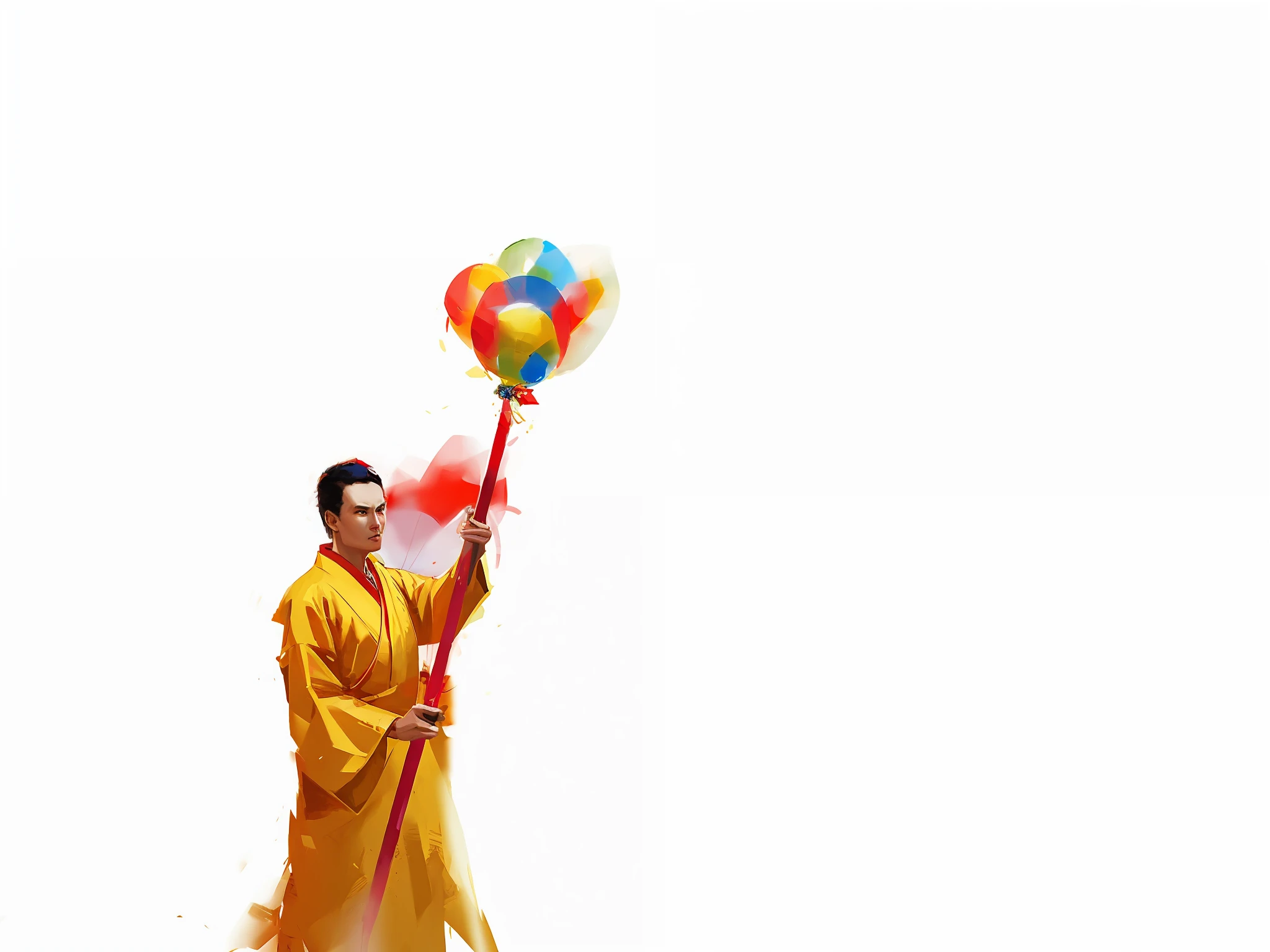 Dressed in yellow and red, Alafi holds a colorful kite, tai costume, Man with balloon, Taoist, Lu Ji, Inspired by Seki Dosheng, Chinese Warrior, inspired by Gong Xian, buddhist monk, carrying a magical staff, Daoism, Wu Liu, nanquan, Buddhist, taoist robe，Face details，author：Artgerm Ruan Jia和Greg Rutkowski，Digital photography, The art of surrealist wet paints