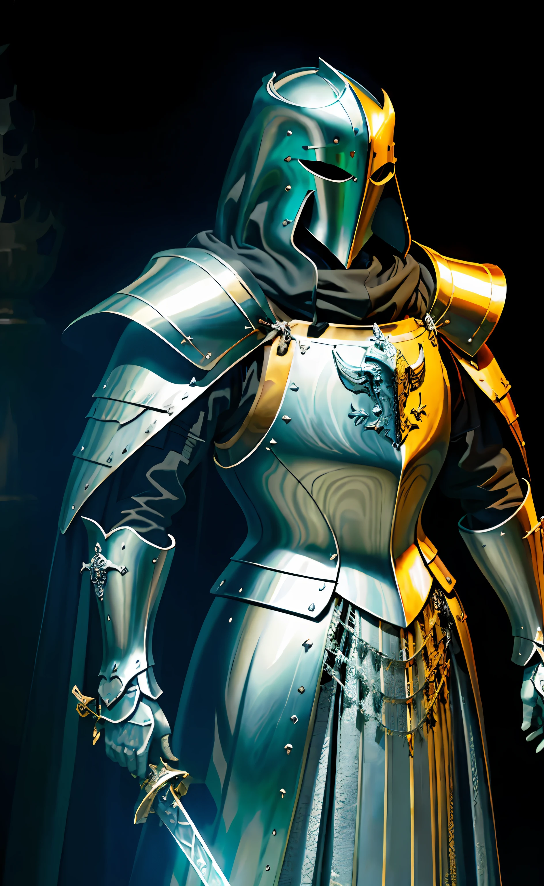 cavalier,medieval times,Silver armor,Pattern,A lot of detail,High quality,Long sword,Vintage,photorealestic,male people,colours,the detail,Textured,Extremely realistic,Excellent shadows,tmasterpiece,shelmet,Armour,Cloak,3D Screen,HD,Three-dimensional,Extremely beautiful