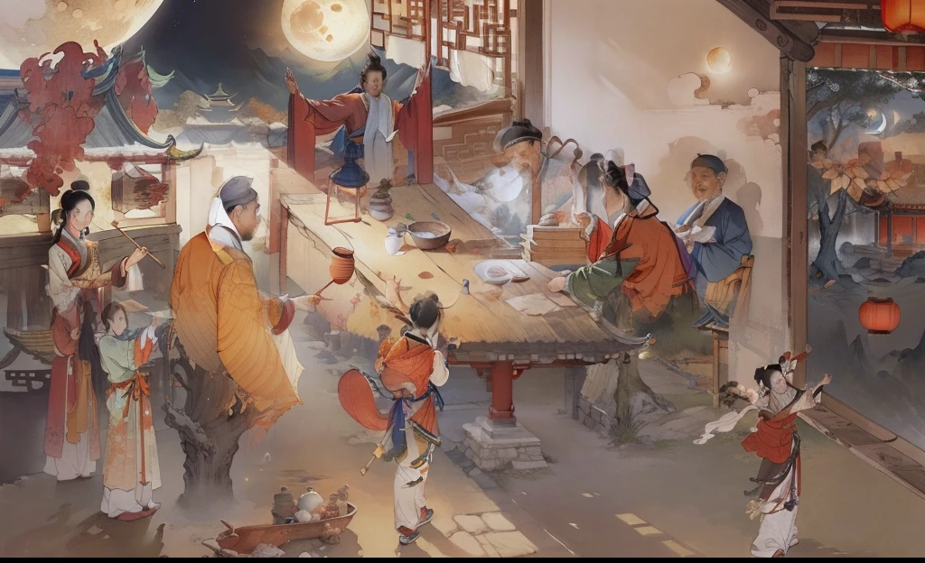 Ancient Chinese landscapes,Ancient buildings,Pavilions,Carved beams and paintings,enchanting scenery,Night,Moon light,Layered, Rich light and shadow,Mid-Autumn Festival, Ink painting style,clean color,Low-saturation colors,Colors of low brightness,Decisive cut,Leave white space,impressionistic,tmasterpiece,ultra - detailed,Epic composition, HighestQuali,hyper realisitc,Art germ --v 6