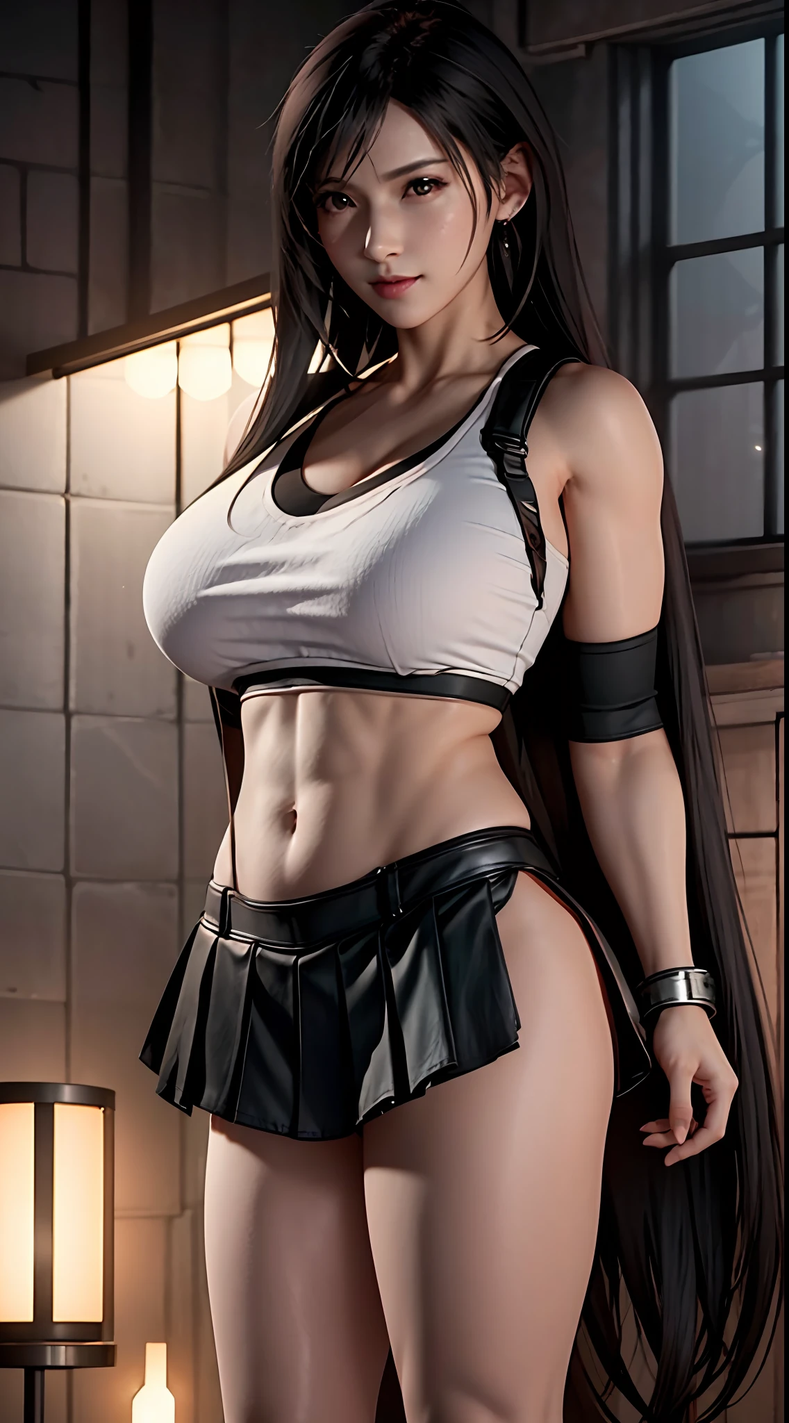 (tmasterpiece), (best qualtiy), 8K分辨率, ultra - detailed, photorealestic, photore, femele, Short black hair,Eight-pack abs,Expose abs,with a well-proportioned body,Toned arms,3DMM style,fully body photo,Body facing the camera,arms stretched wide,She has huge, Plump breasts,Tiffalok Hart,Gilet blanc,Black pleated miniskirt,Final Fantasy VII background,中景 the scene is