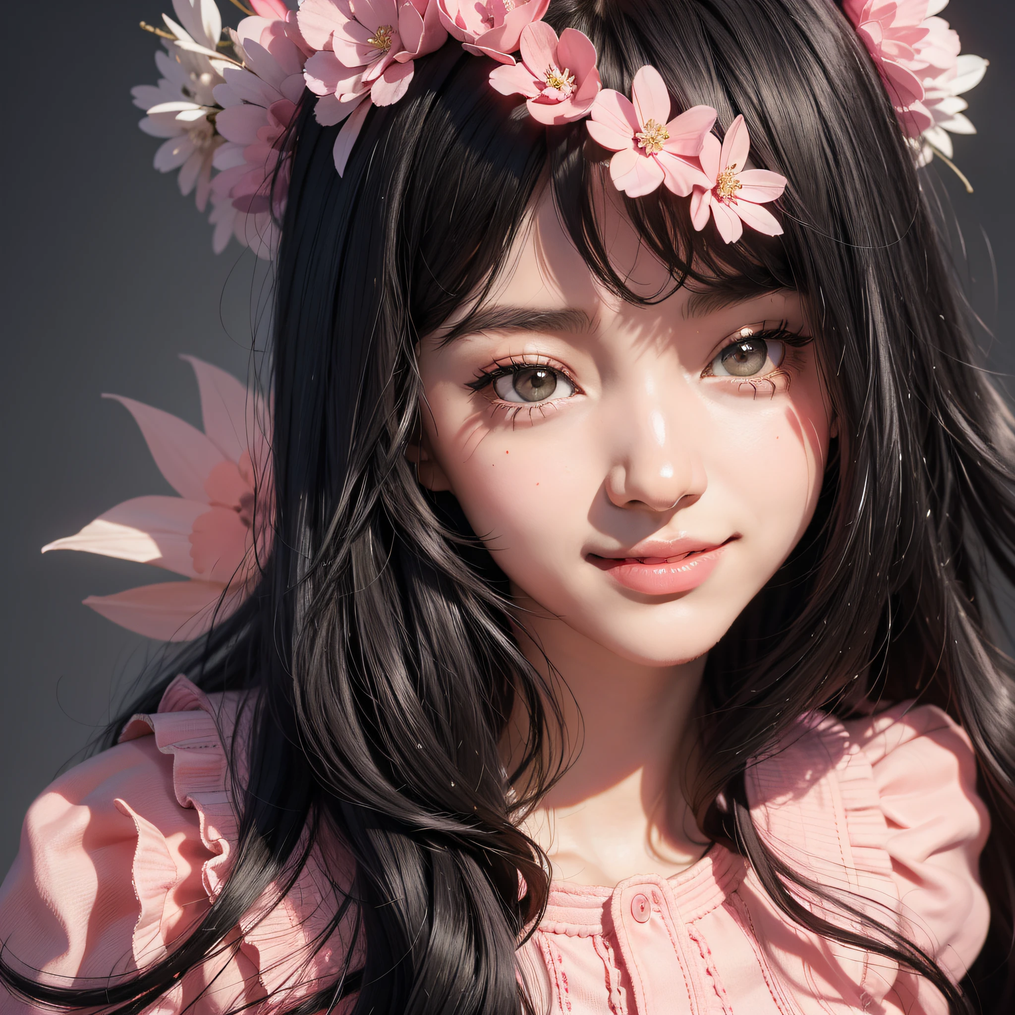 1970s animea qirlwith black straight hair andpink Big bowin the style ofJanpan manga style,big eyes, smiling face,High Cold Beauty animated gifs,intense close-up light redand black,depictions of aristocracyiconic pop culture references,uhdimage --ar 1:1 --niji 5
