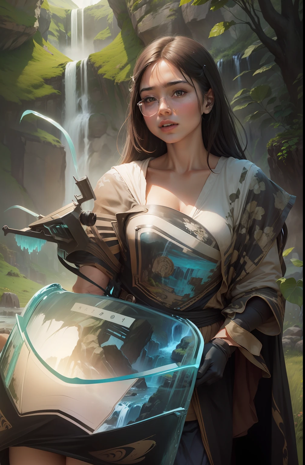 Replace background with hills having waterfall , Do not change her face