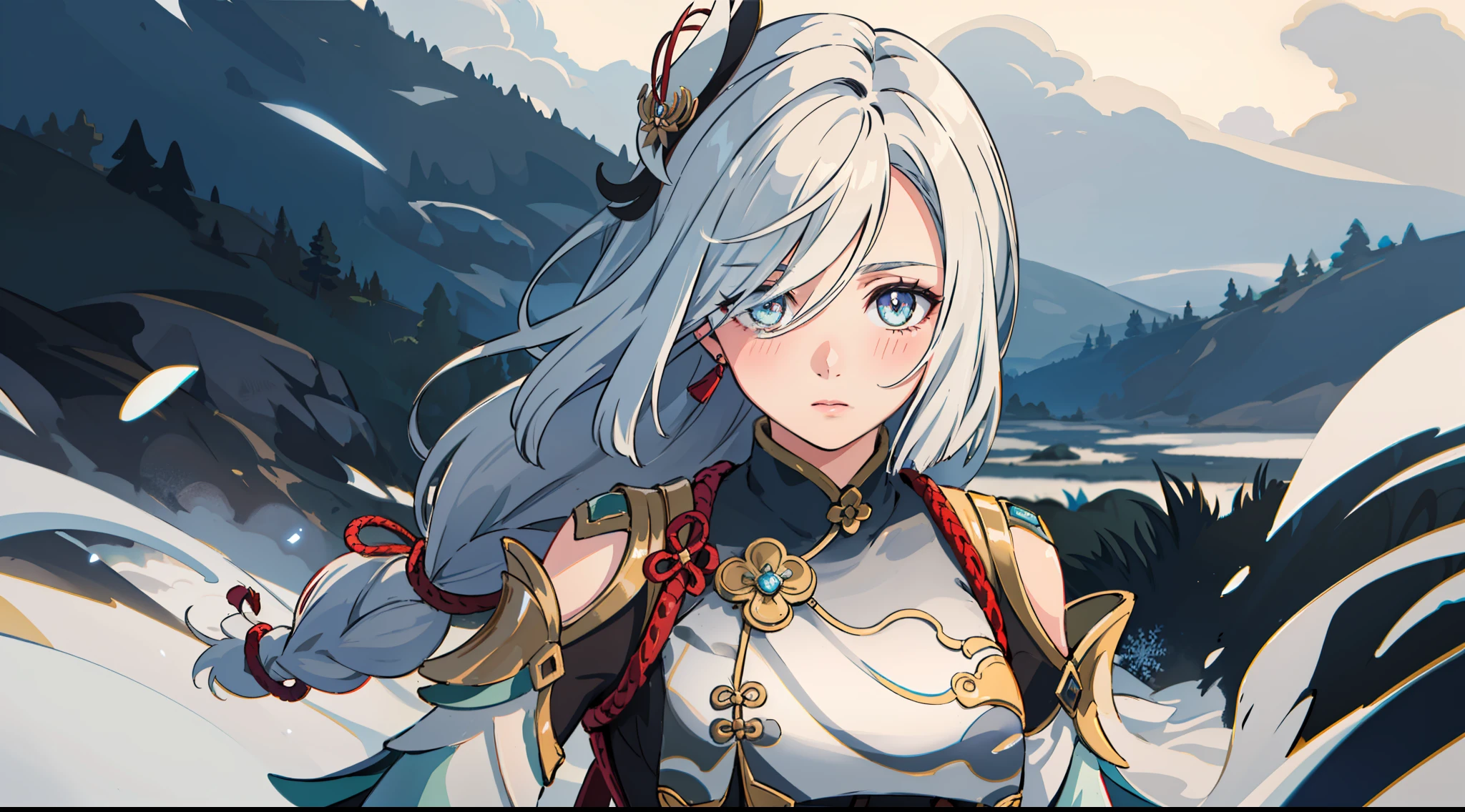 shenhedef, upper body, seductive look, blush, outdoors, snowflake scenery, looking at viewer, cloudy, moody lighting, (perfect detail eyes:1.2), glowing eyes, (long hair one braid:1.2), elemental skill effect, (Masterpiece, Best Quality, High Quality:1.4), professional artwork, Intricate Details, field of view, sharp focus, detailed painting, photorealistic lighting, trending on pixiv, (vivid lighting, vibrant colors:1.05), realistic shadows, ambient occlusion, (athletic body:1.3), mature woman, 30yo,