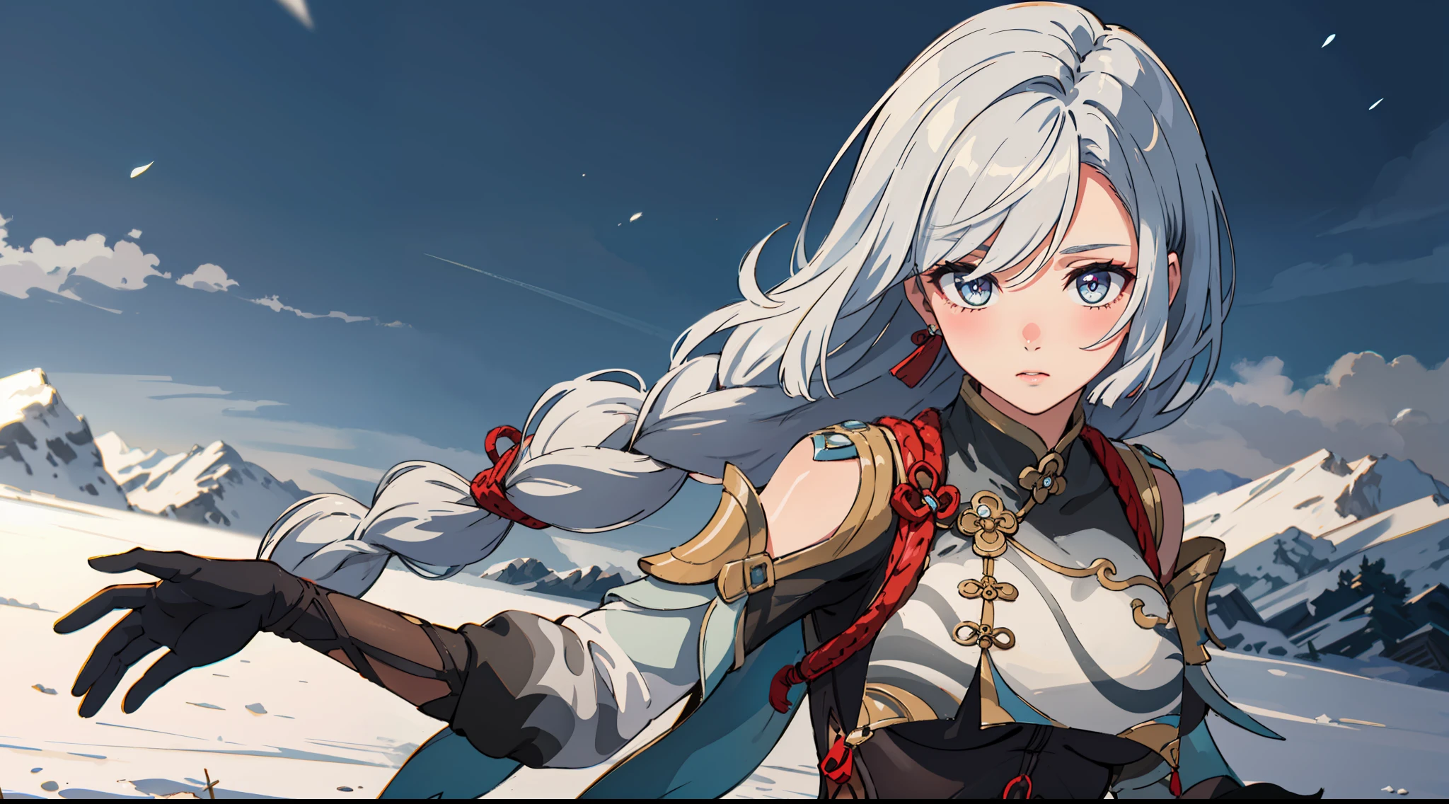 shenhedef, upper body, seductive look, blush, outdoors, snowflake scenery, looking at viewer, cloudy, moody lighting, (perfect detail eyes:1.2), glowing eyes, (long hair one braid:1.2), elemental skill effect, (Masterpiece, Best Quality, High Quality:1.4), professional artwork, Intricate Details, field of view, sharp focus, detailed painting, photorealistic lighting, trending on pixiv, (vivid lighting, vibrant colors:1.05), realistic shadows, ambient occlusion, (athletic body:1.3), mature woman, 30yo,