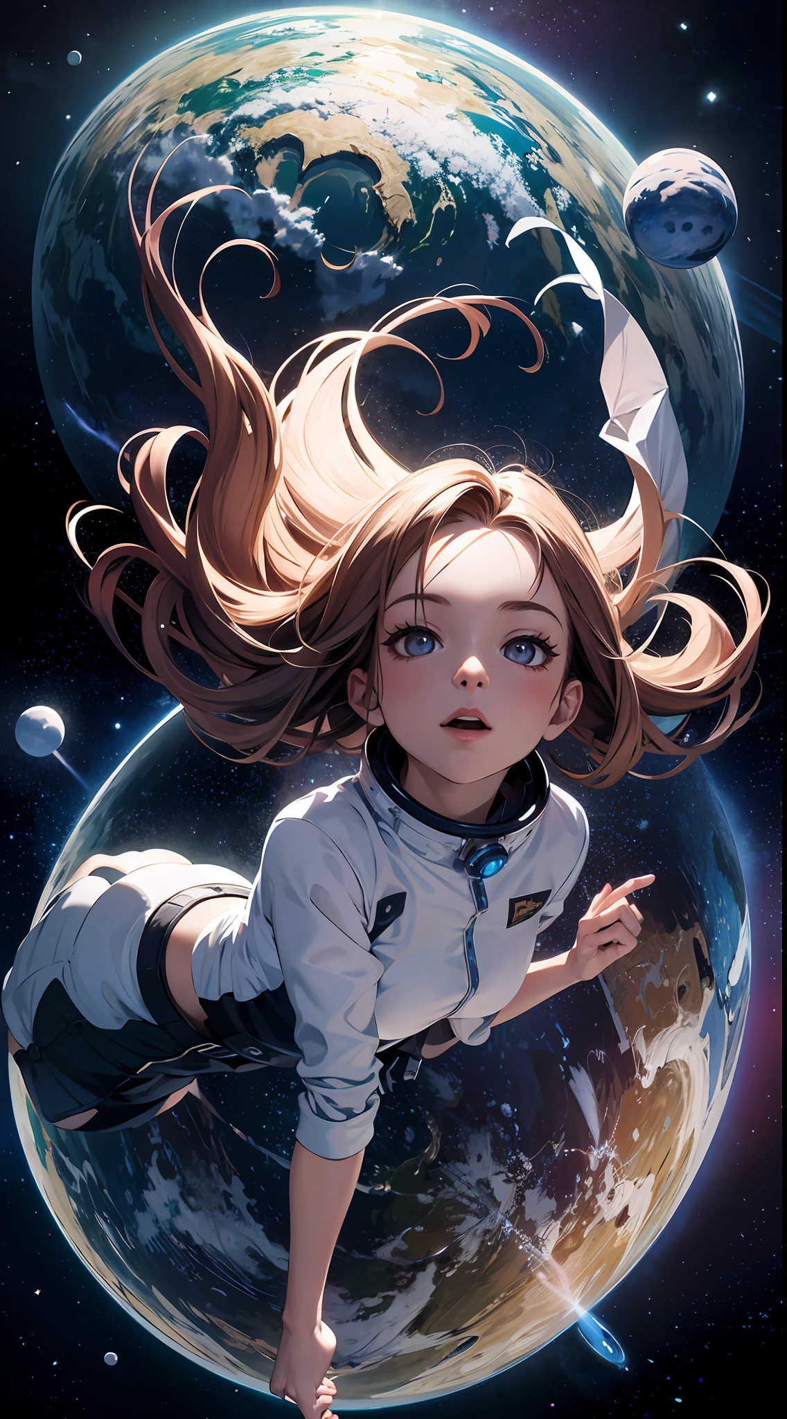 absurd res, high res, (masterpiece:1.4), ultra-detailed, 1girl, from above, space, floating