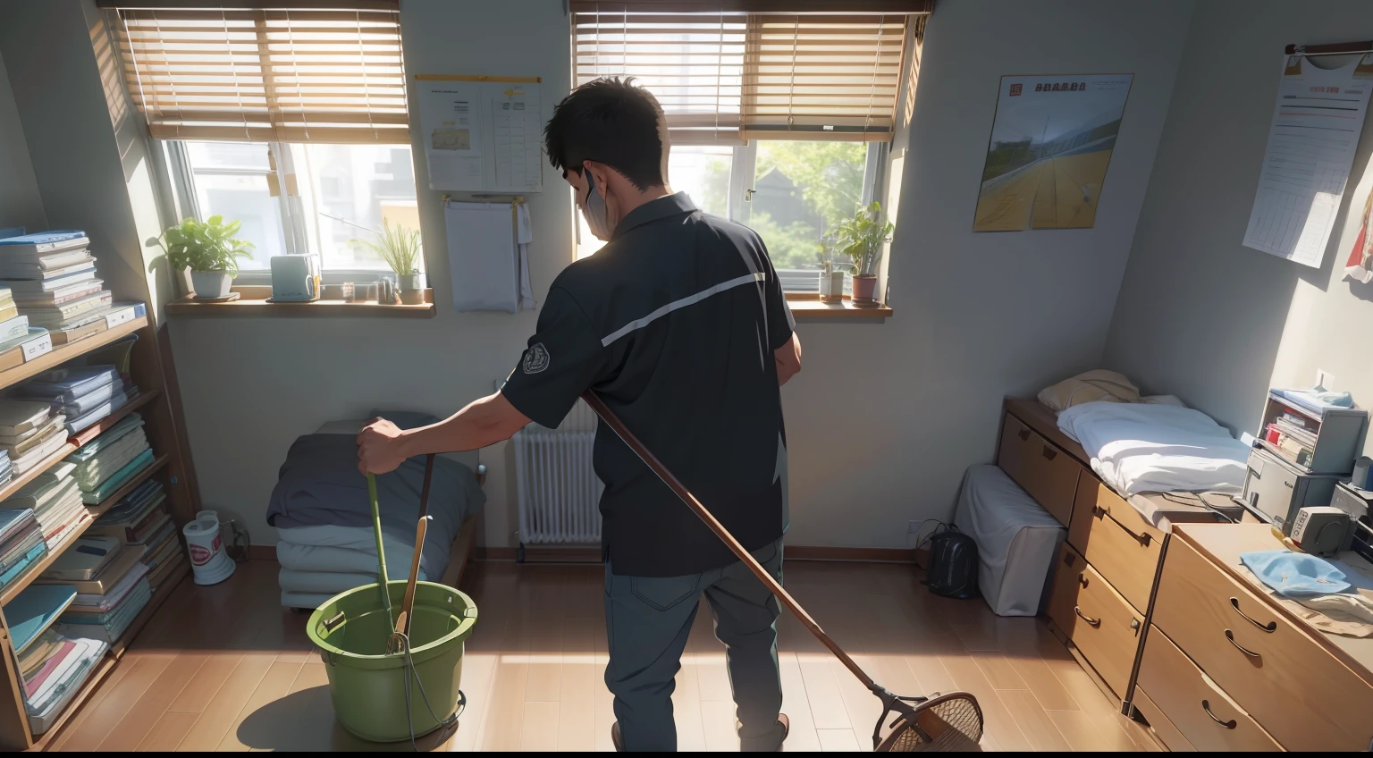 The son is busy cleaning the room,Make your bed,Place items that my father likes,Finally, he settled his father in a neat room,The room was filled with warm light。