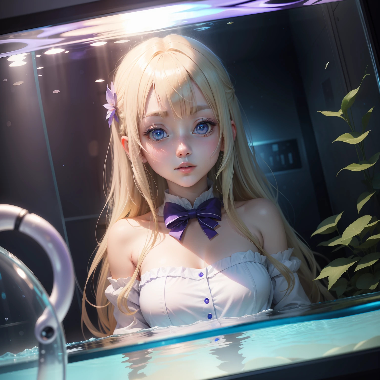 Light blonde haired anime girl with pale bluish violet colored eyes trapped inside an aquarium fish tank filled with water, stars and cosmos