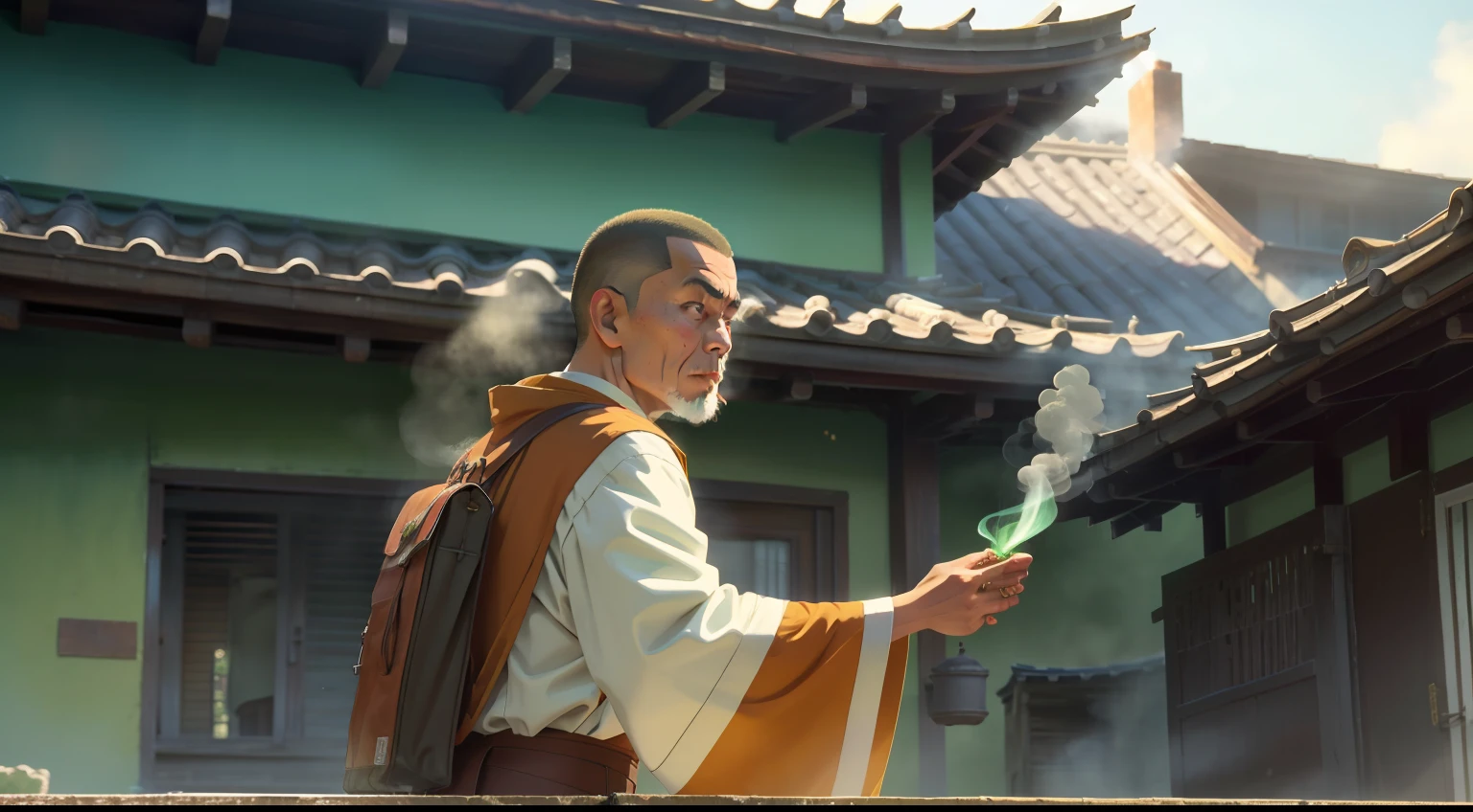 In the daytime,The monk passed in front of the house,I saw plumes of green smoke rising from the roof,A surprised expression was revealed。