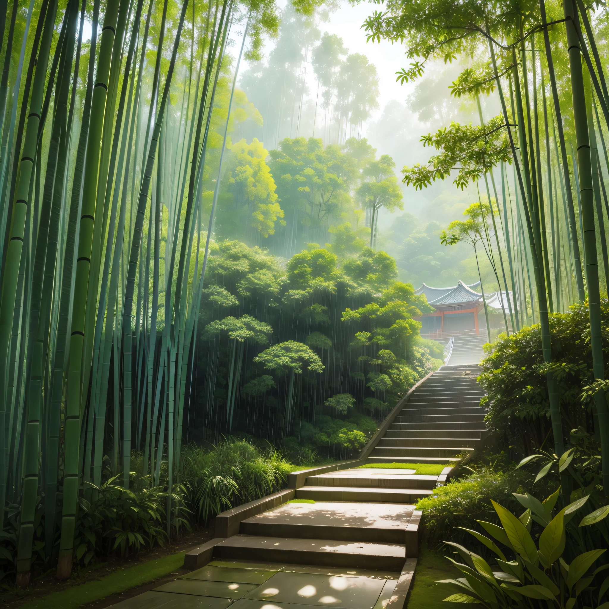 Pure landscape view、bamboo forrest、It was raining heavily in the bamboo forest、bamboos、Bamboo leaves fall everywhere、Green、The steps are clearly visible、China-style、Chinese characteristics、