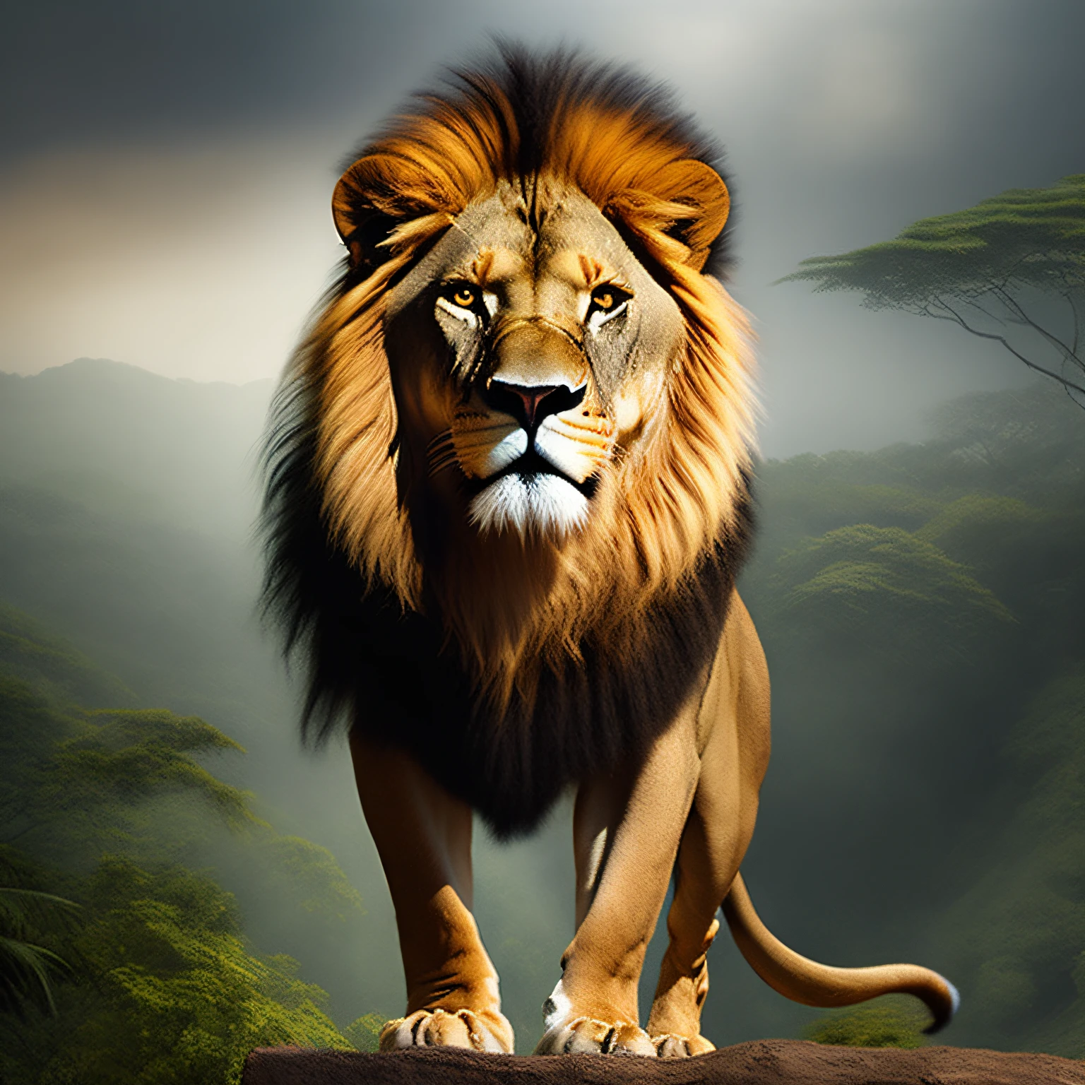 (top-quality、masterpiece:1.2)、One male lion、Jungle background、Face front、body sideways、Standing、barking