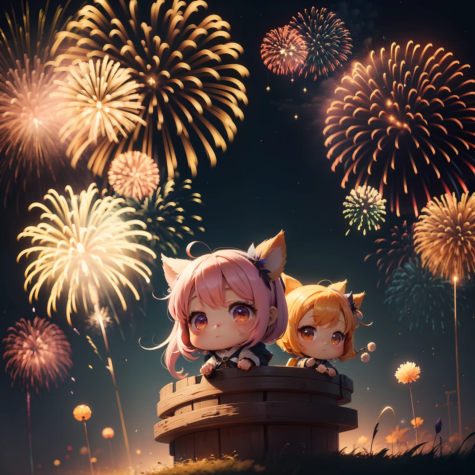 Floating in the night sky、With cute and beautiful Chibi anime characters、Colorful fireworks