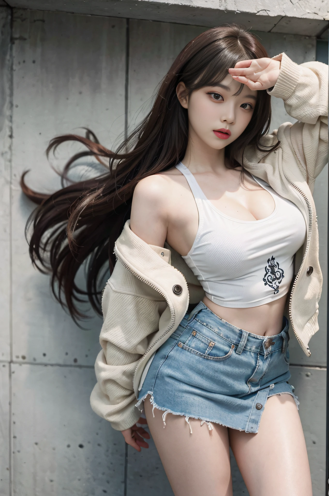 Top image quality、Raw photography、超A high resolution、Cute girl at 18 years old、Shooting for one person only、big round chest、cleavage of the breast、Patterned tank top、Skirt、Shiny hair、Beautiful Eyes of Details、very elongated eyes、Beautiful eyelashes、Beautiful double eyelids、Beautiful legs、eyeshadows、耳Nipple Ring、standing with spread legs、Stand with your hands wide open
