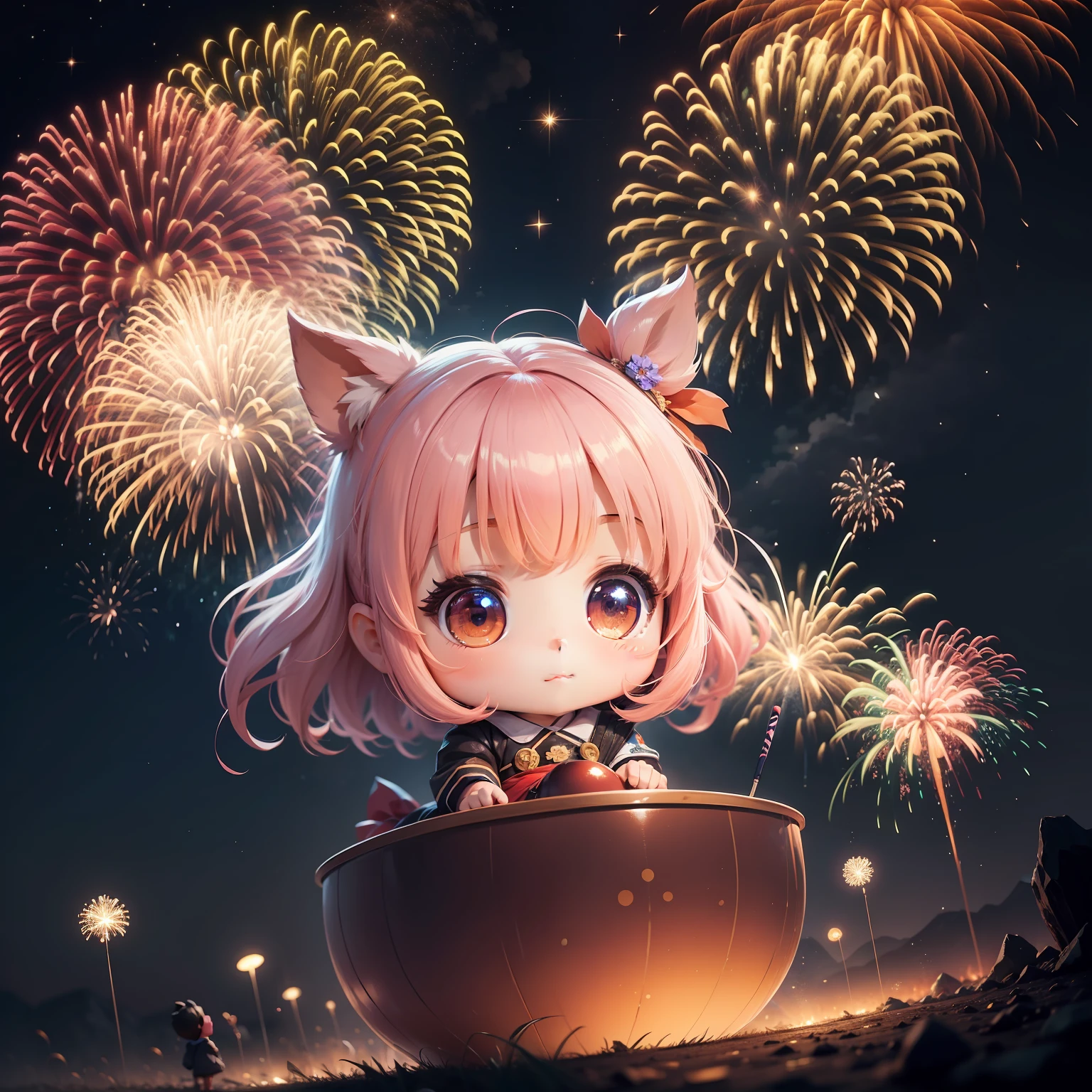 Floating in the night sky、With cute and beautiful Chibi anime characters、Colorful fireworks