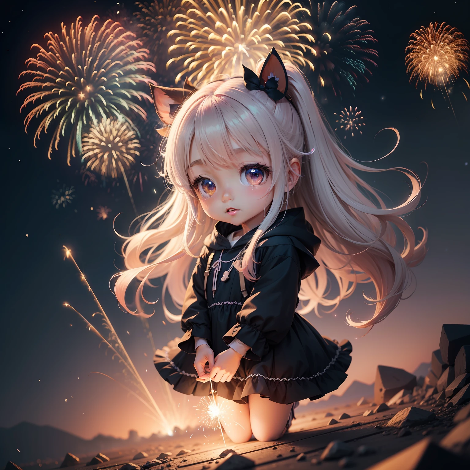Floating in the night sky、With cute and beautiful Chibi anime characters、Colorful fireworks