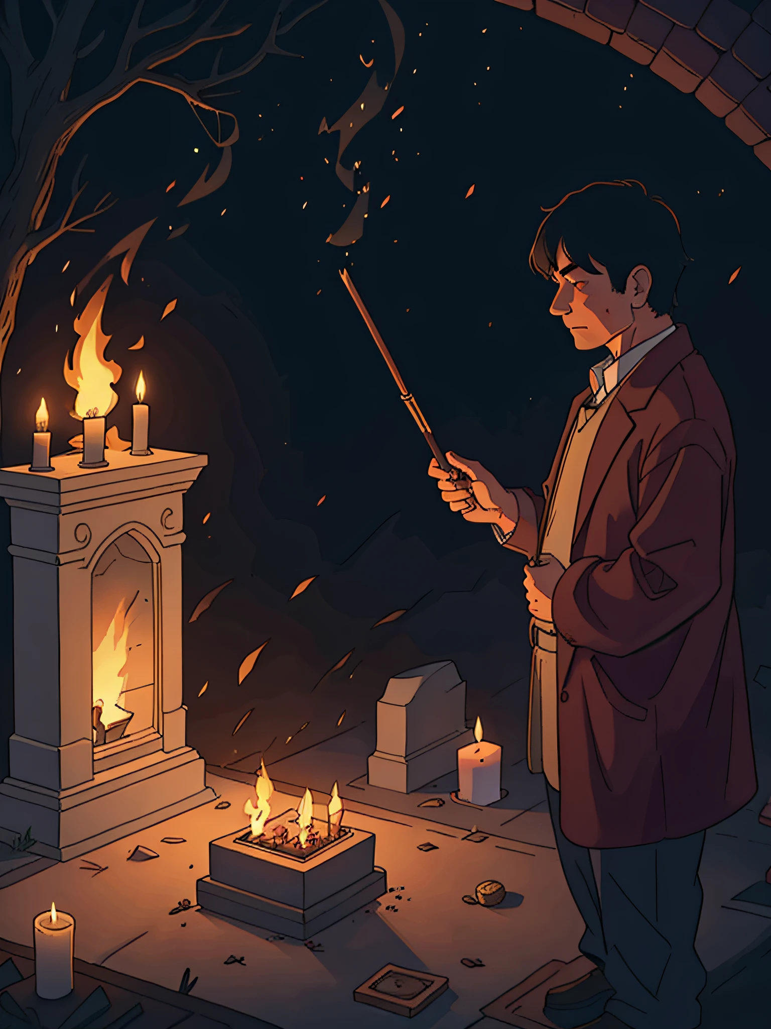 A middle-aged man burning incense in front of an ancestral grave