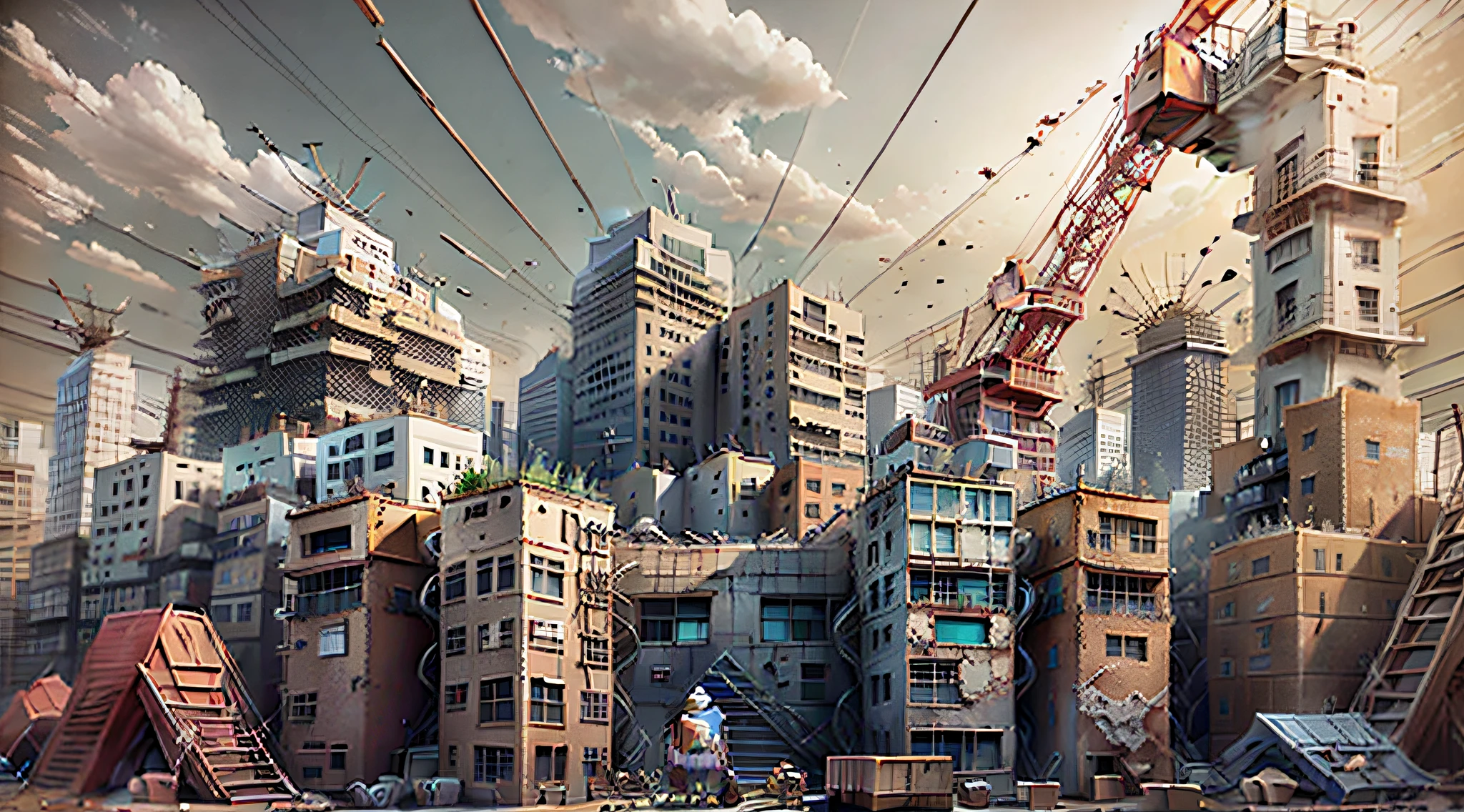 Production labor scenes, There is a person who is lazy, Construction sites, group of buildings, the setting sun