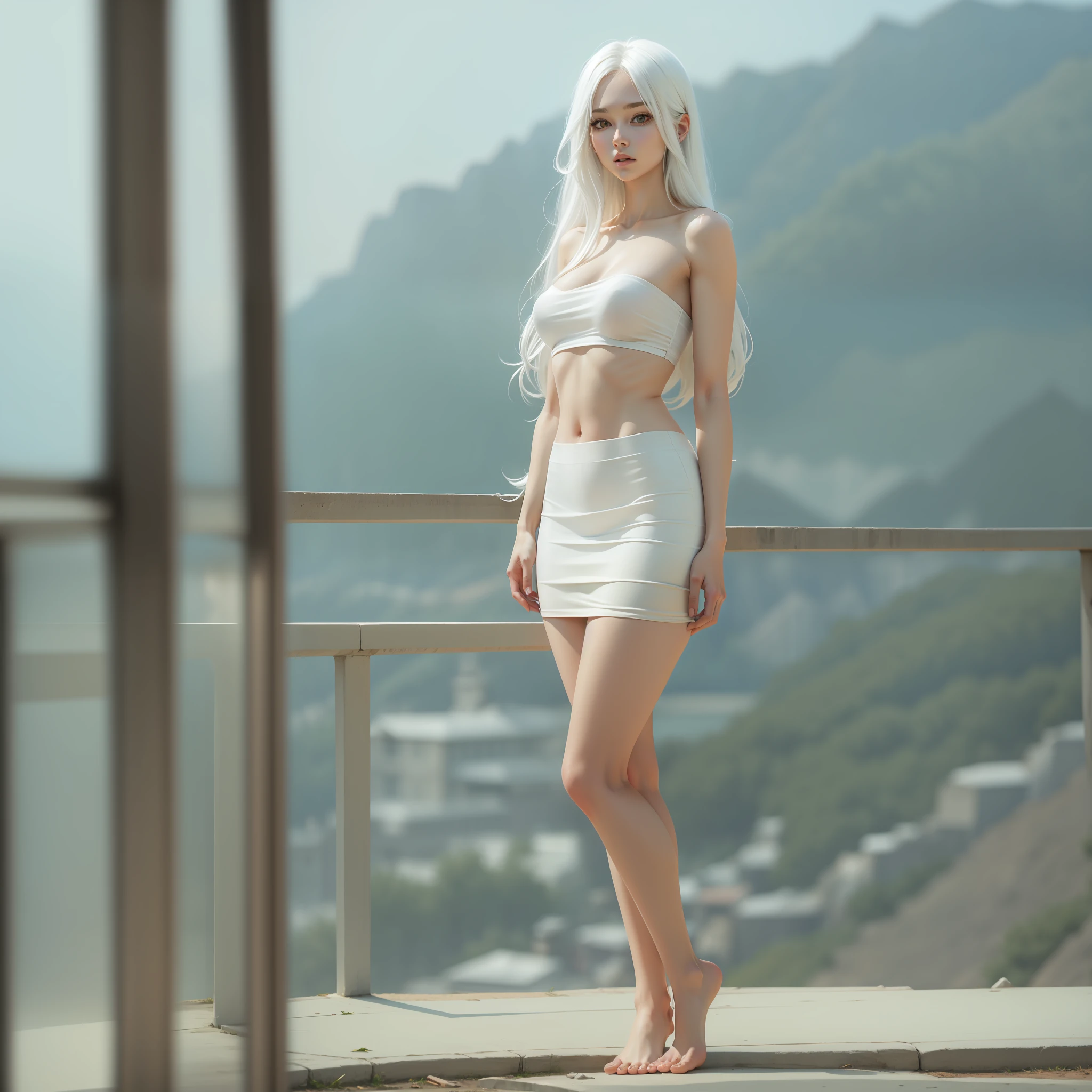 Long legs, overlook, long hair, short skirt, white hair, bare breasts, delicate, beautiful, white skin, beautiful