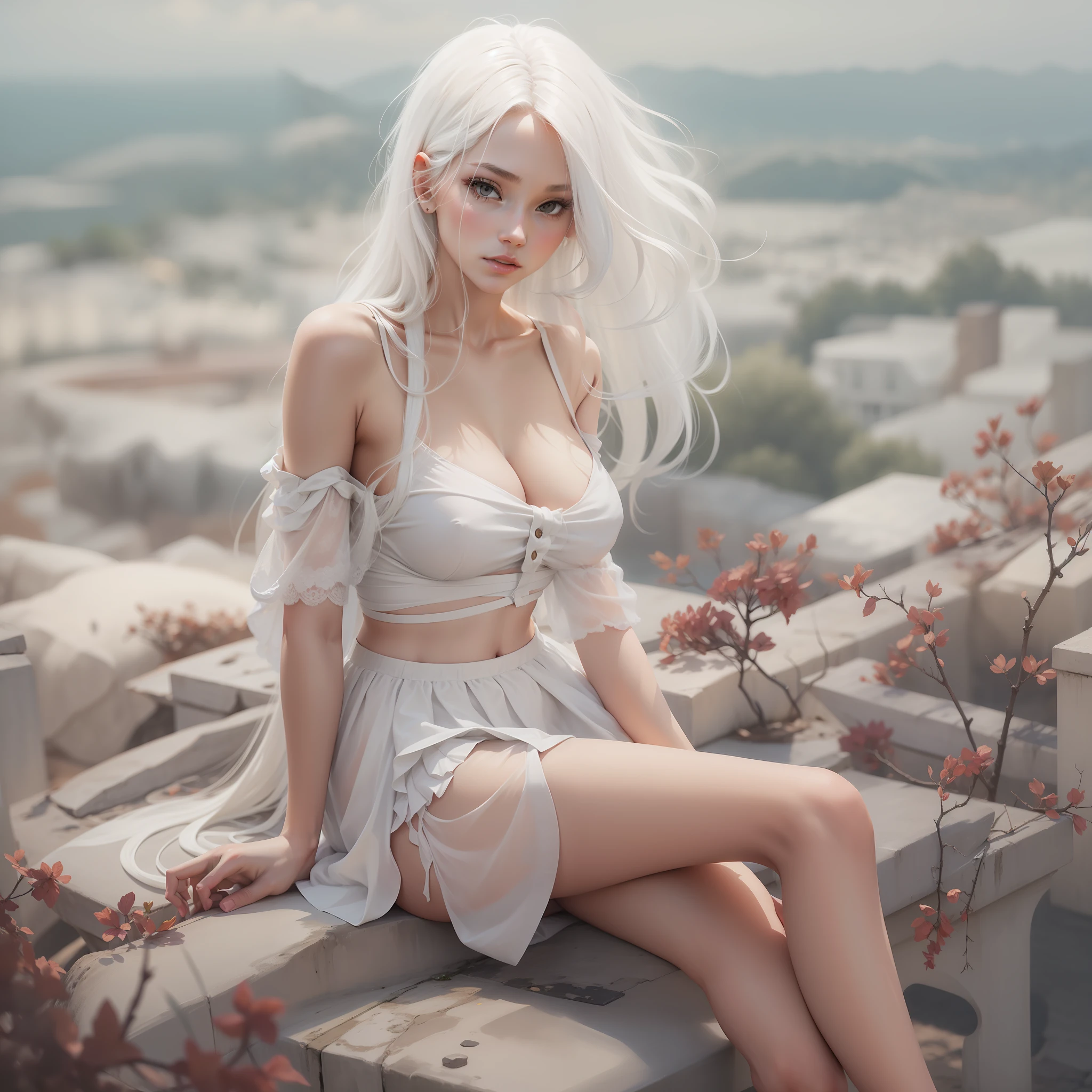 Long legs, overlook, long hair, short skirt, white hair, bare breasts, delicate, beautiful, white skin, beautiful