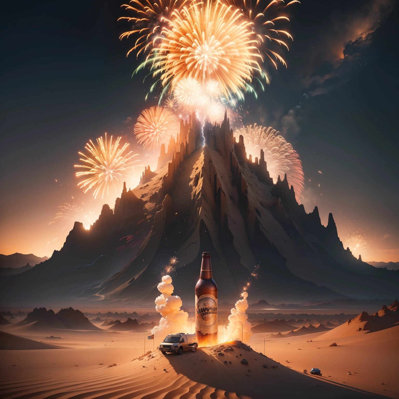 fireworks exploding from a bottle of beer in a desert landscape, inspired by Mike Winkelmann, by Alexander Kucharsky, by Aleksander Gierymski, by Mike Winkelmann, beeple and mike winkelmann, by Andrei Kolkoutine, volcano exploding, eruption, beeple. hyperrealism, beeple. octane render
