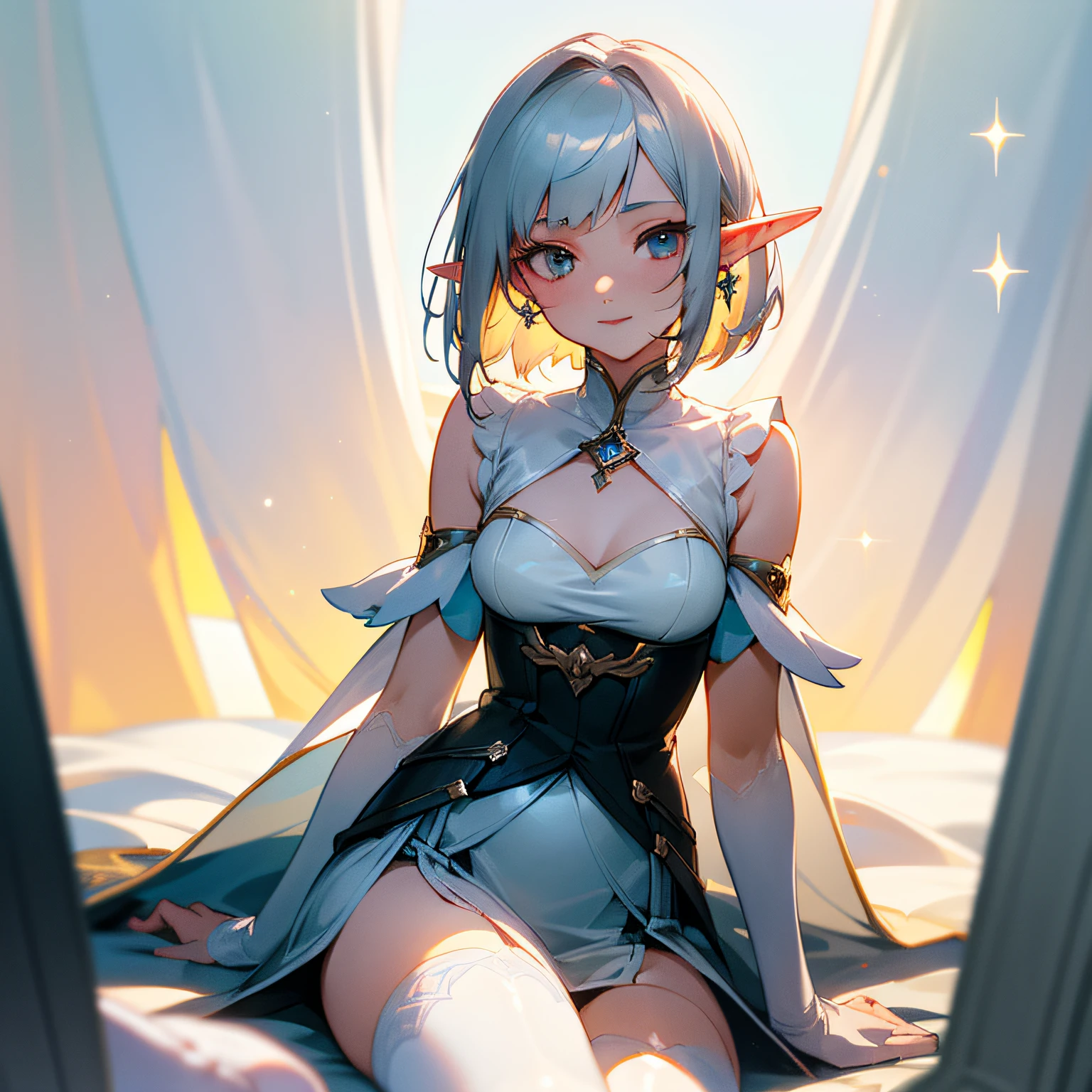 Cute elf girl sitting in bright room,slenderness,With Ultra HD details,Professional lighting and lighting。Silver short bob hair,With decoration,Tall and sexy,Delicate stockings,Sexy mature clothing,From her delicate face and hair to the sparkle in her ultra-delicate eyes,Great attention to detail。 Sword in hand,A pair of delicate earrings,Delicate necklace,A light breeze,Highly rendered longsword,Brighter scenes,More refined facial features,Light smile, Gradient hair, angle of view, High detail, Anime, Super detail, ccurate, Best quality