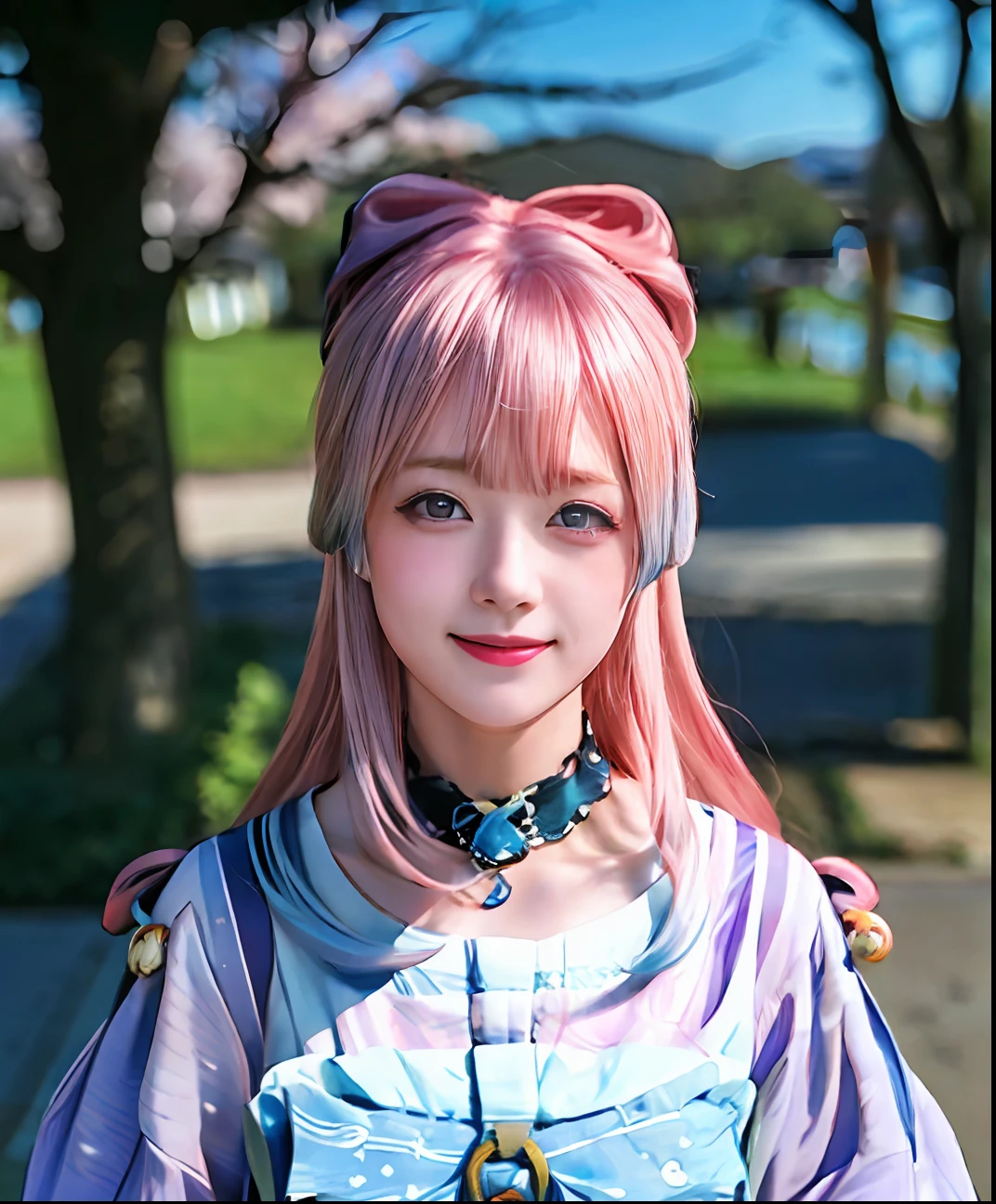 (((Masterpiece))),(((Best quality))), ((Ultra-detailed)), (Best Illustration), 1girll, Solo,  Blush, Smug, Smile, Purple eyes, choker necklace, Gradient eyes, No Pupil, Multicolored_Hair, Pink hair, Blue hair, Long hair,sangonomiya kokomi, ((komono)), Outdoors, the cherry trees, sakura, facing to audience, Front view