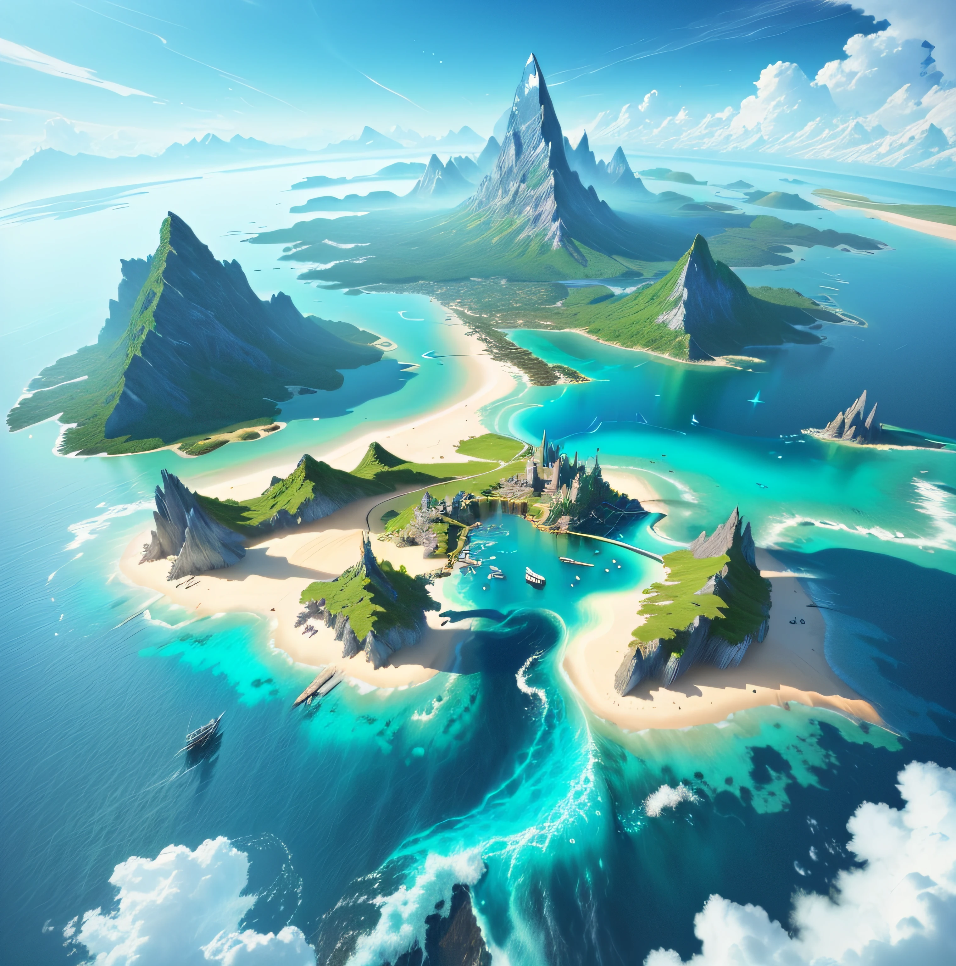 Image of a group of islands in the ocean，Multiple small islands，isometry，mistic，magia，fanciful，The background is a mountain, Island background, game key art, Official Splash Art, isometric 3d fantasy island, environmental key art, fantasy world concept, splash screen art, Official concept art, Stylized concept art, key art, concept world art, epic matte painting of an island, flying islands