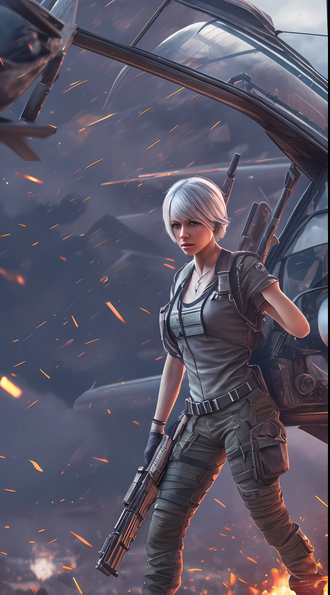 beautiful sniper girl, silver hair, best photo shot, realistic, full body, very short hair, Conceptual art, Action painting, sparkle, UHD, textured skin, masterpiece, anatomically correct, best quality, 8k,Shooting at enemies on the ground from inside a helicopter